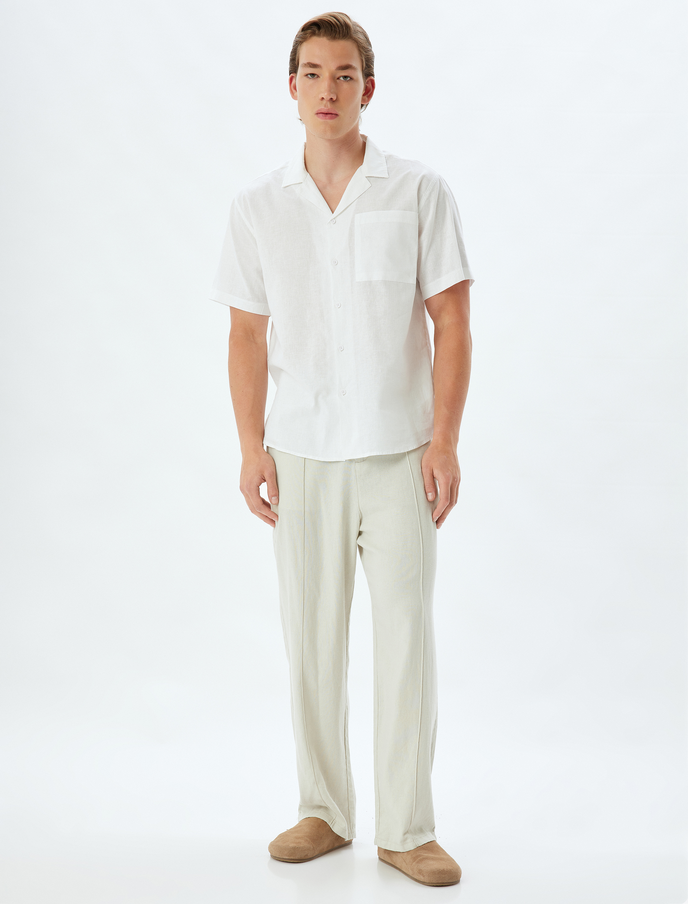   Keten Karışımlı Gömlek Kısa Kollu Basic Cep Detaylı Regular Fit