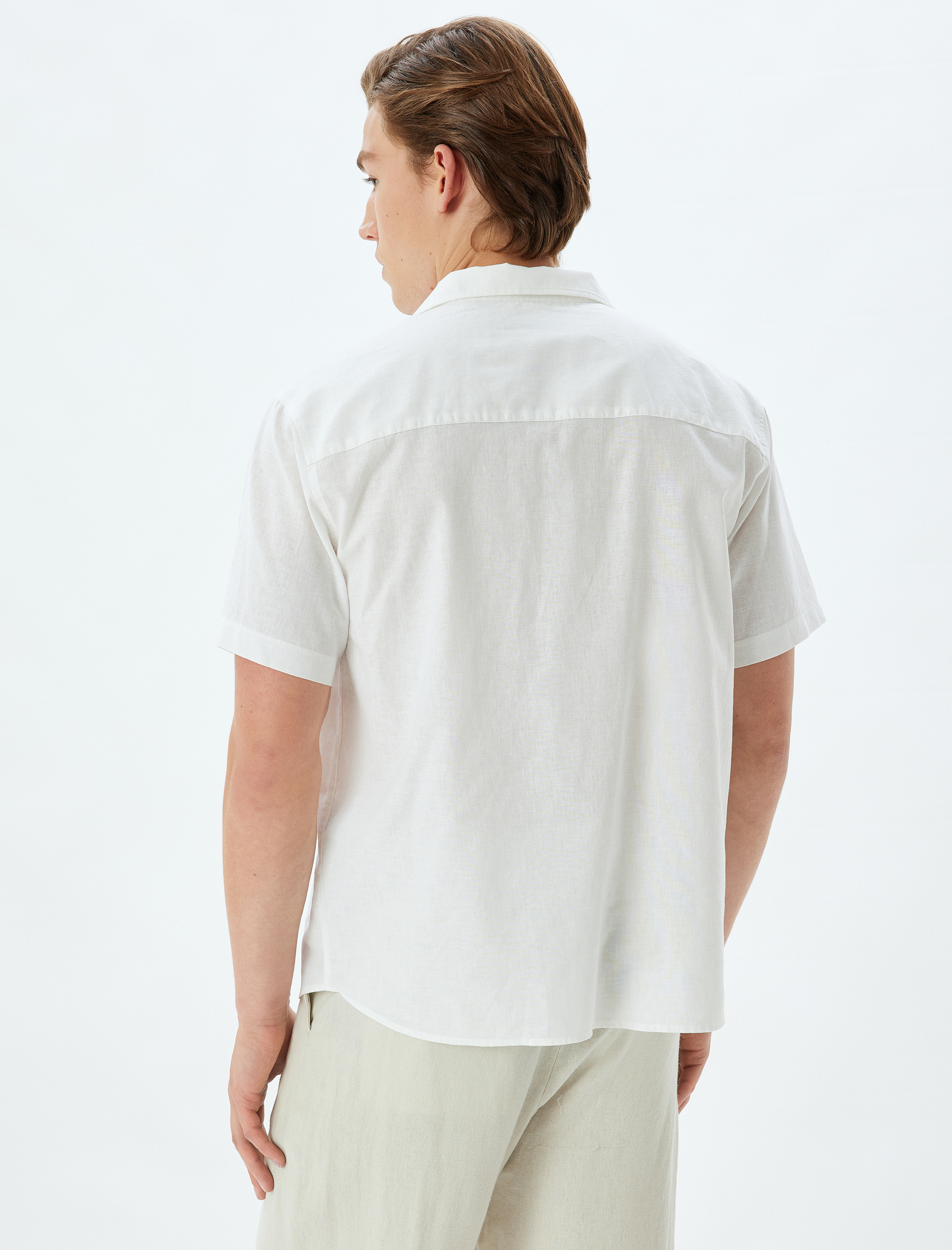   Keten Karışımlı Gömlek Kısa Kollu Basic Cep Detaylı Regular Fit