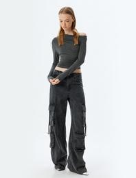Uzun Kollu Bluz Drapeli Kayık Yaka Omzu Açık Slim Fit