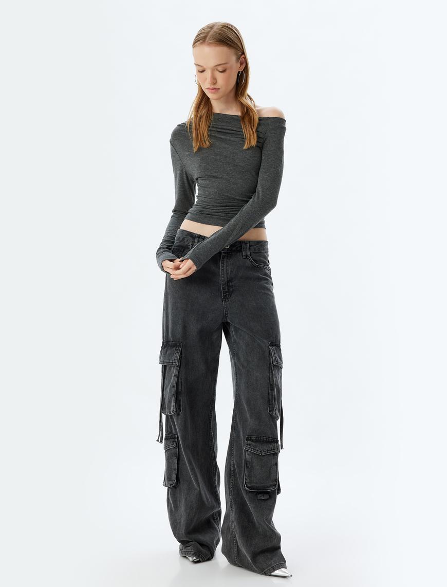   Uzun Kollu Bluz Drapeli Kayık Yaka Omzu Açık Slim Fit
