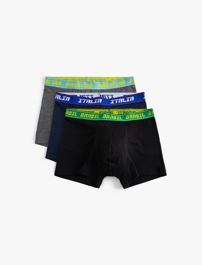 Slogan Baskılı Bel Detaylı 3'lü Pamuklu Boxer Seti