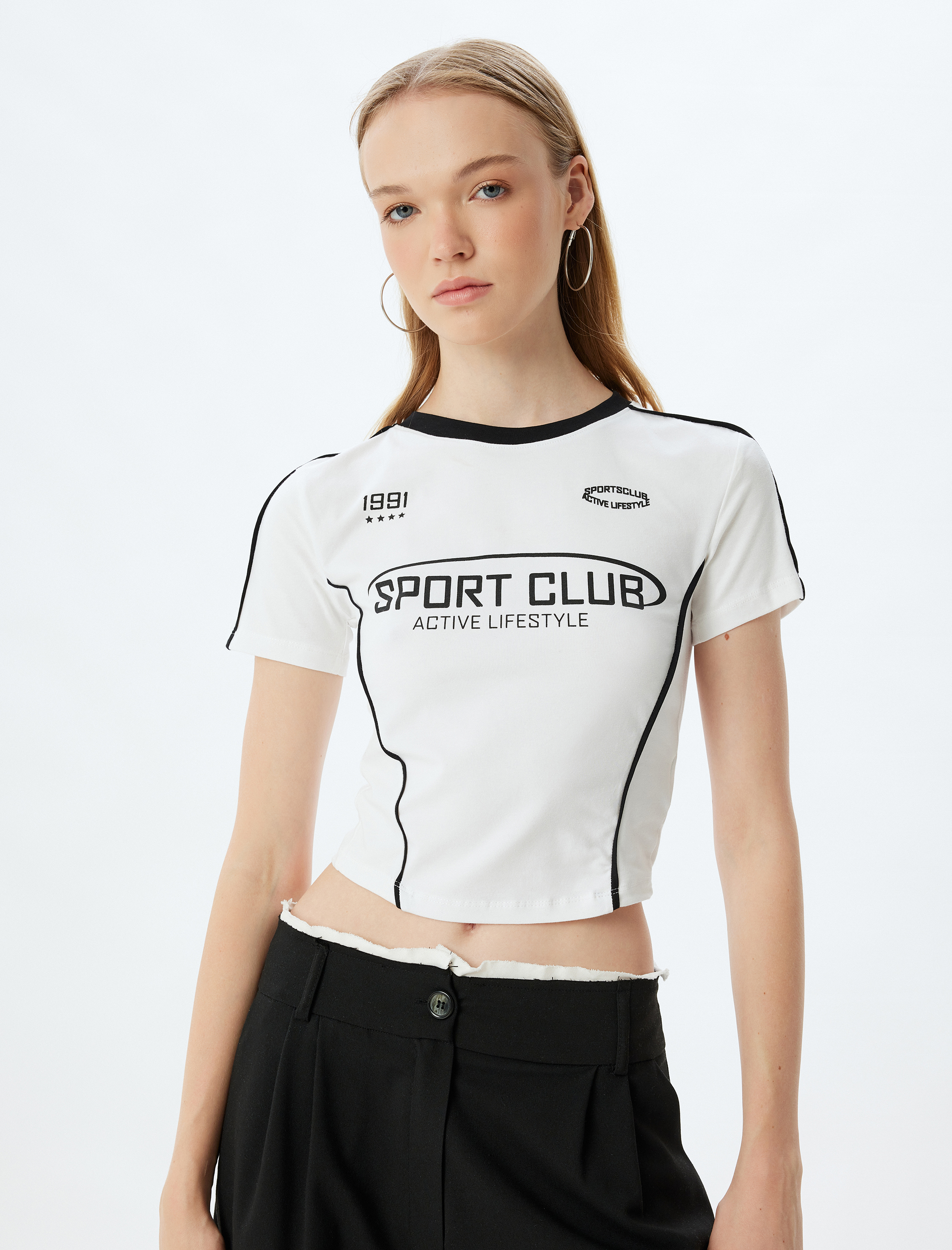   Crop Tişört Slogan Baskılı Biyeli Slim Fit