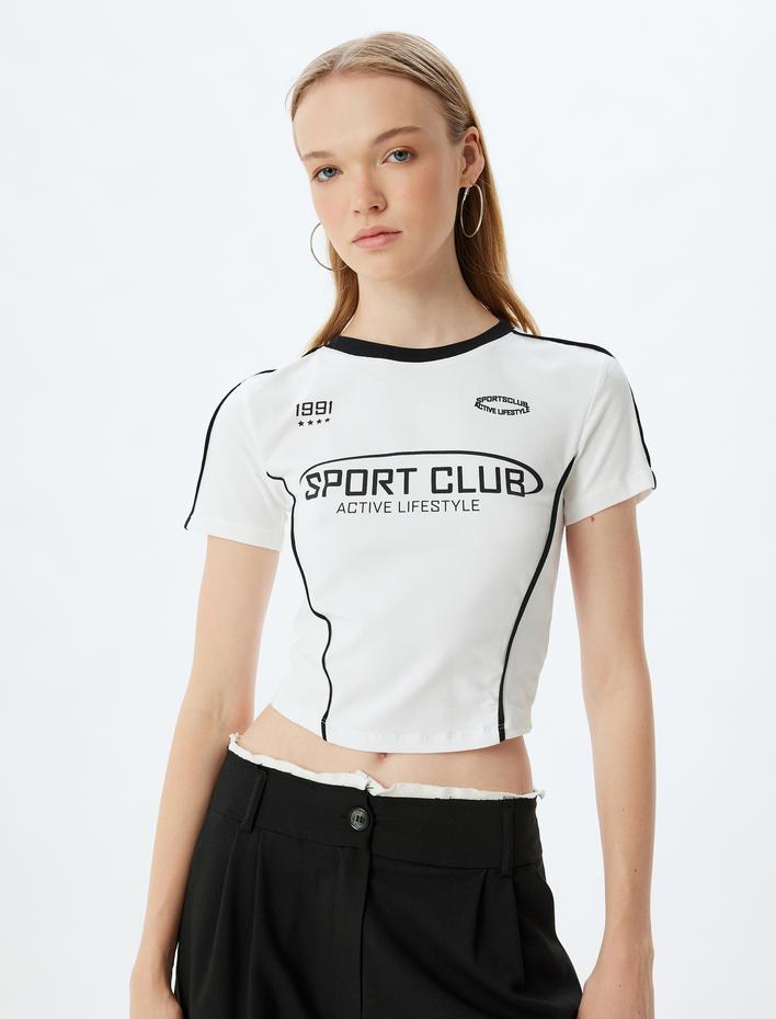  Crop Tişört Slogan Baskılı Biyeli Slim Fit