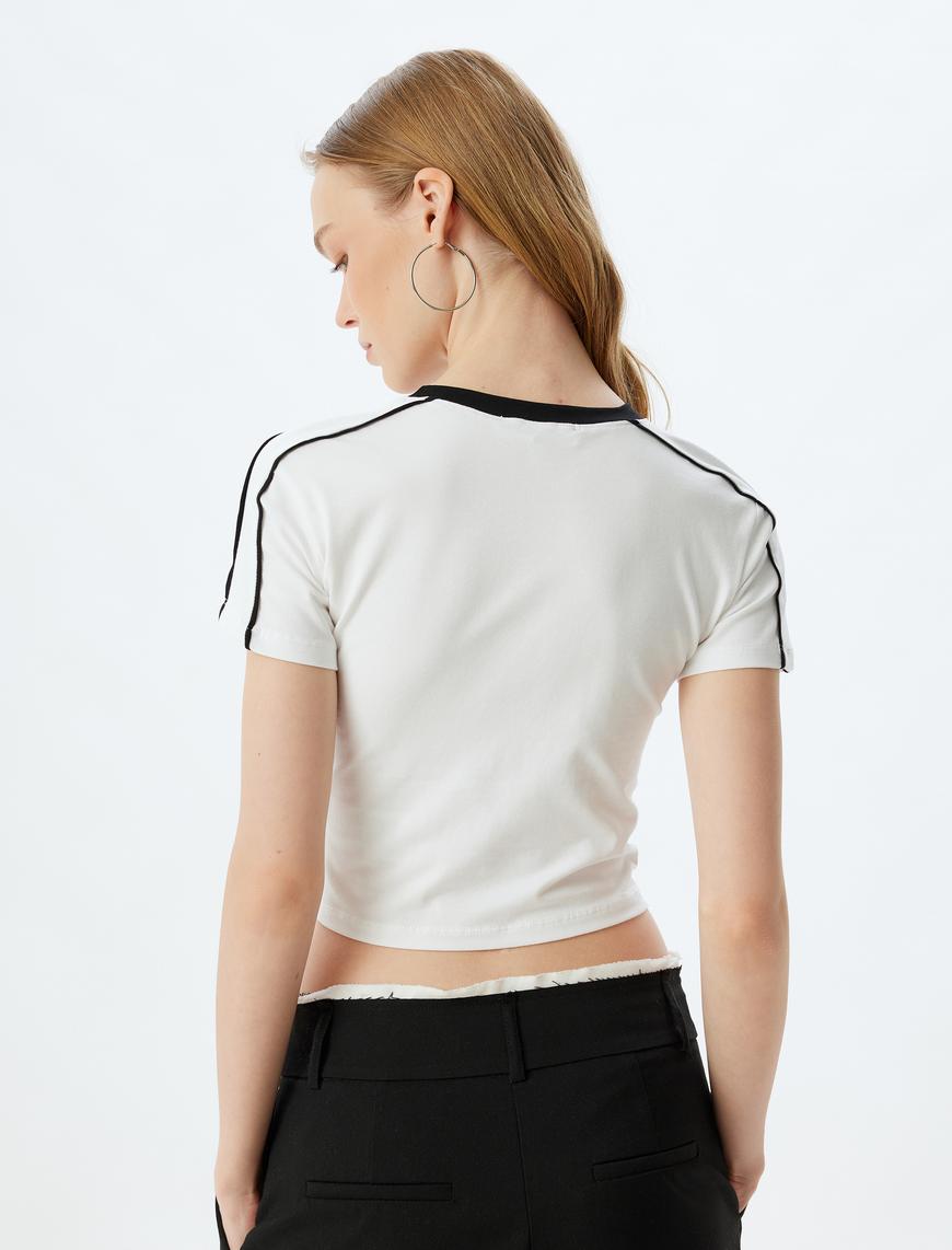   Crop Tişört Slogan Baskılı Biyeli Slim Fit