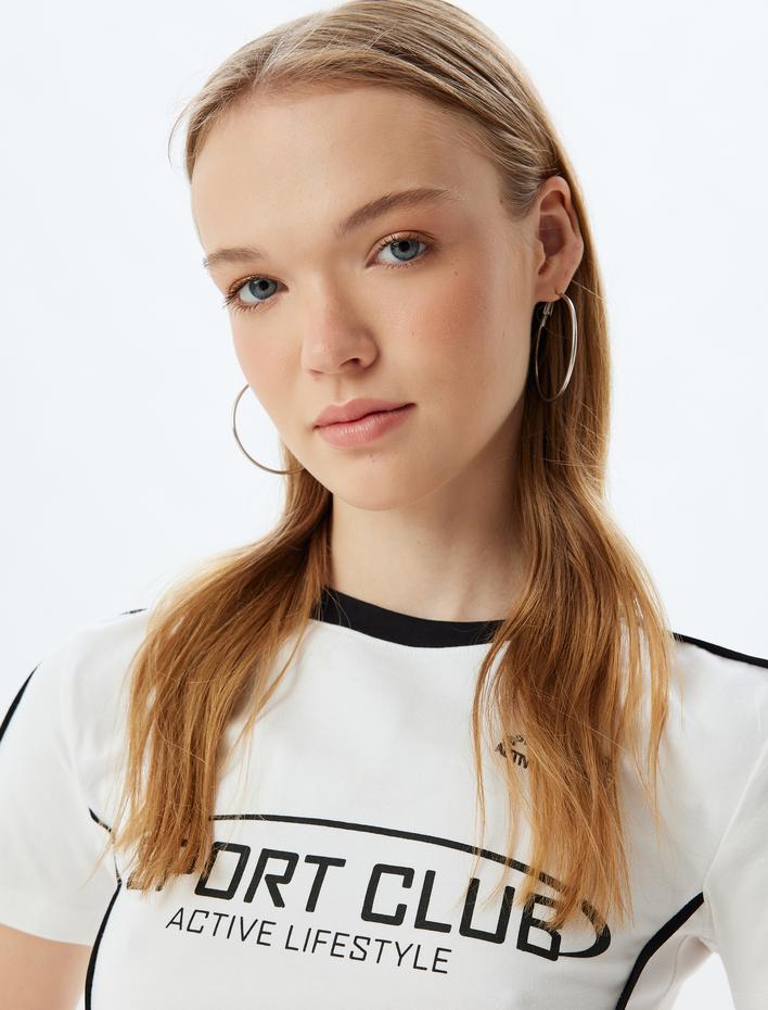 Crop Tişört Slogan Baskılı Biyeli Slim Fit