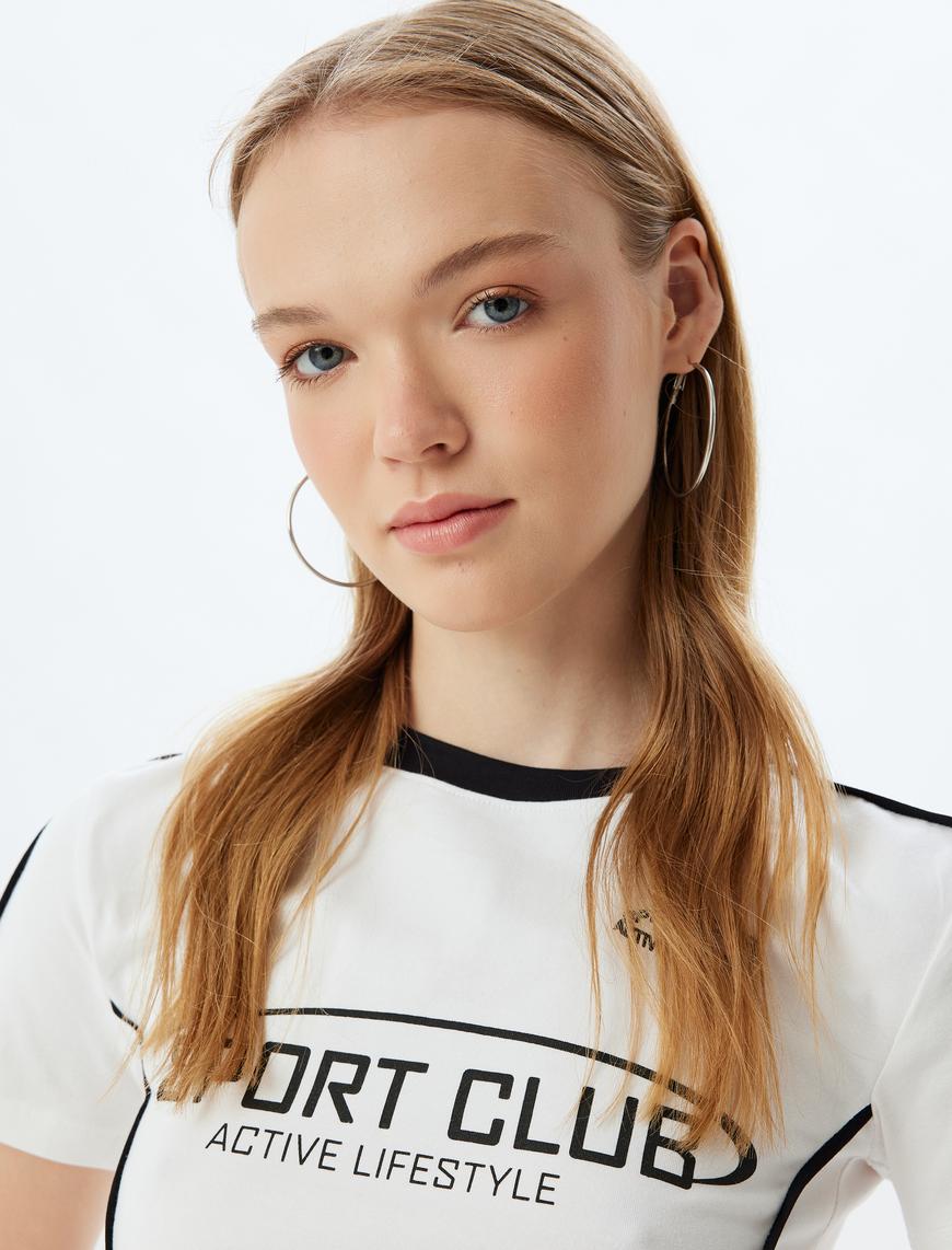   Crop Tişört Slogan Baskılı Biyeli Slim Fit