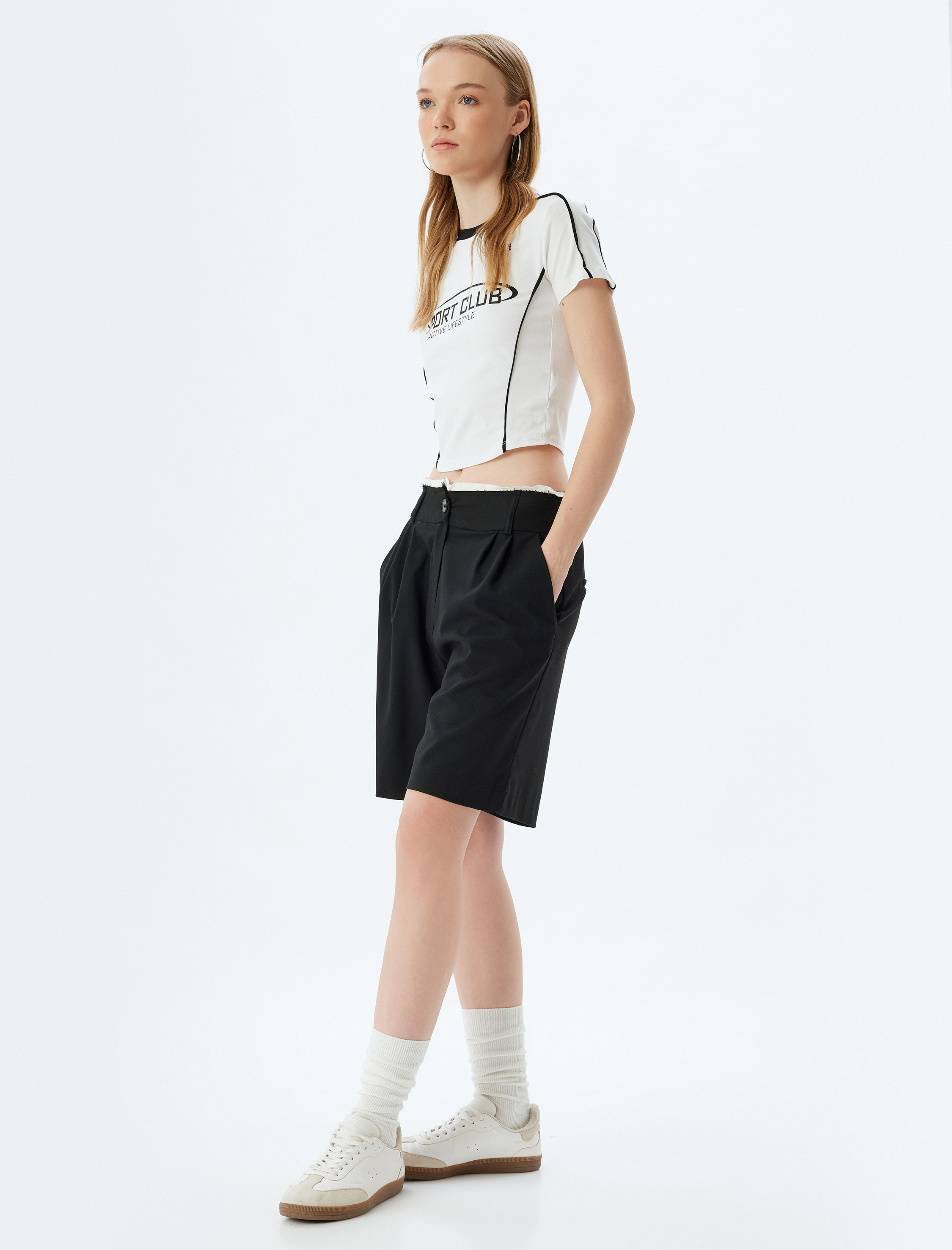   Crop Tişört Slogan Baskılı Biyeli Slim Fit