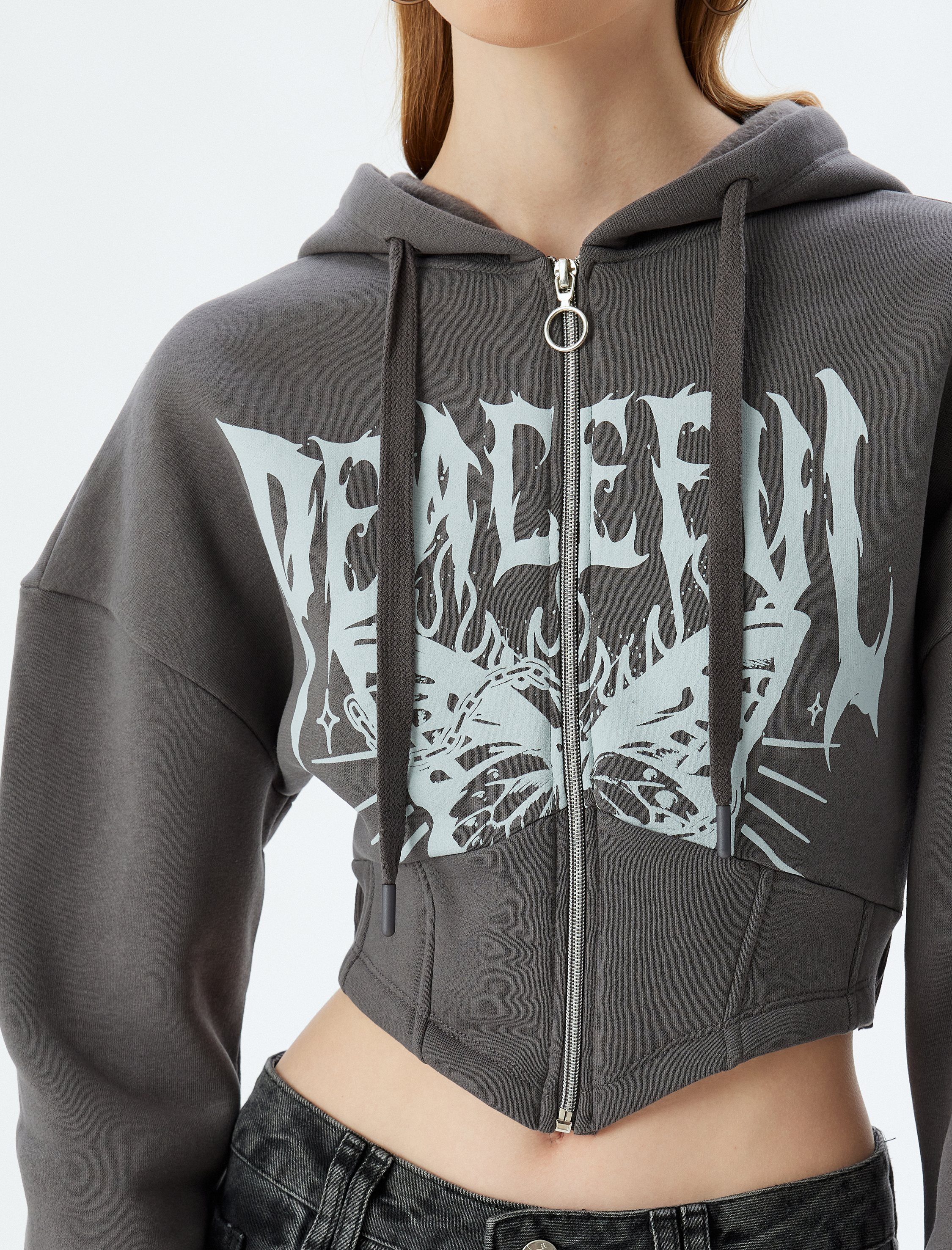   Crop Sweatshirt Fermuarlı Kapüşonlu Korse Detaylı Baskılı Slim Fit Şardonlu