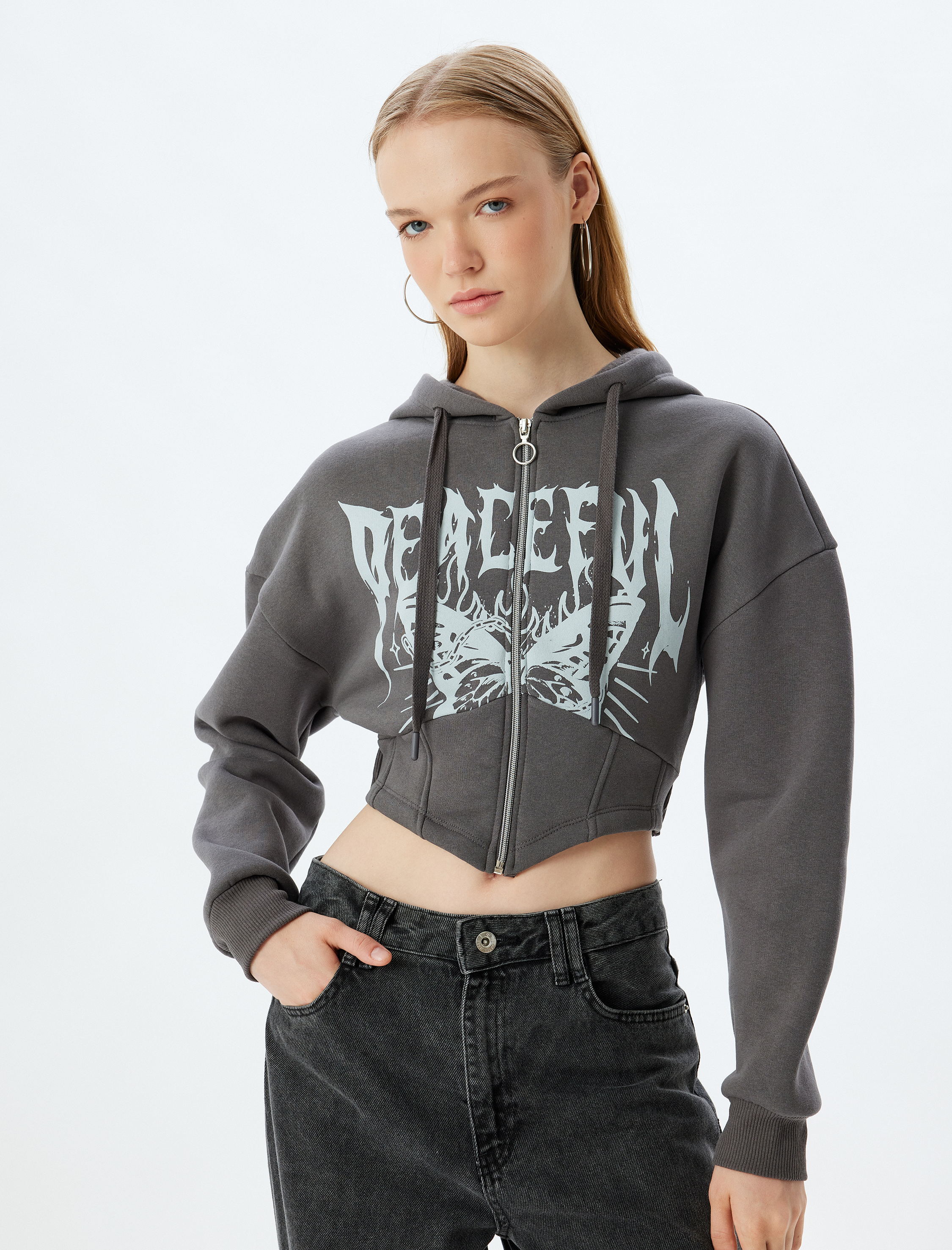   Crop Sweatshirt Fermuarlı Kapüşonlu Korse Detaylı Baskılı Slim Fit Şardonlu