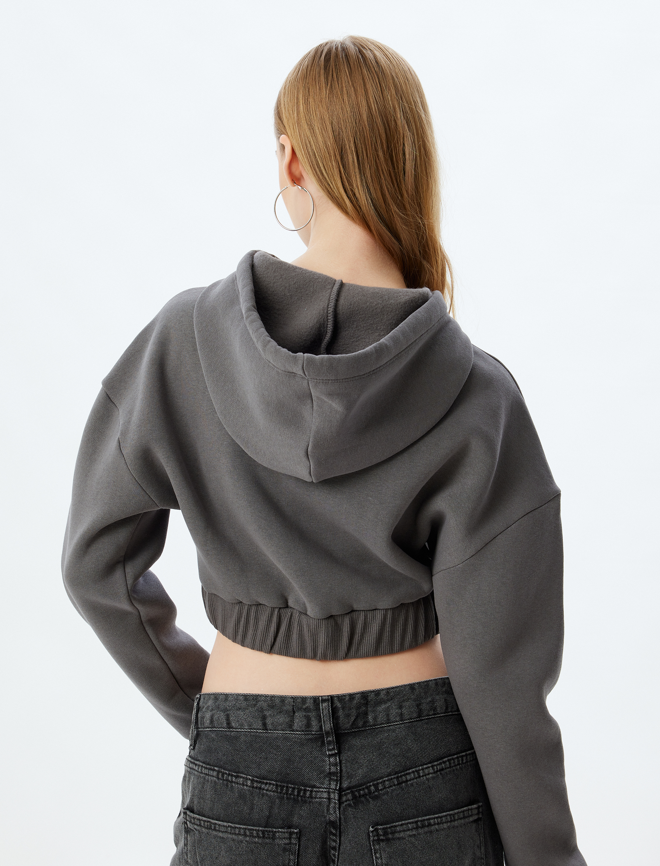   Crop Sweatshirt Fermuarlı Kapüşonlu Korse Detaylı Baskılı Slim Fit Şardonlu