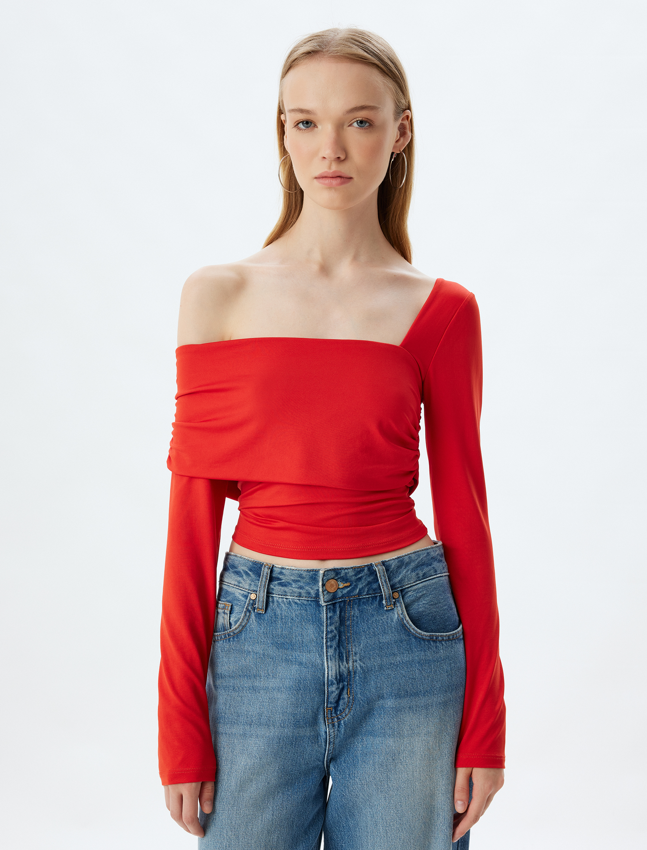   Tek Omuz Bluz Asimetrik Yaka Drapeli Uzun Kollu Slim Fit