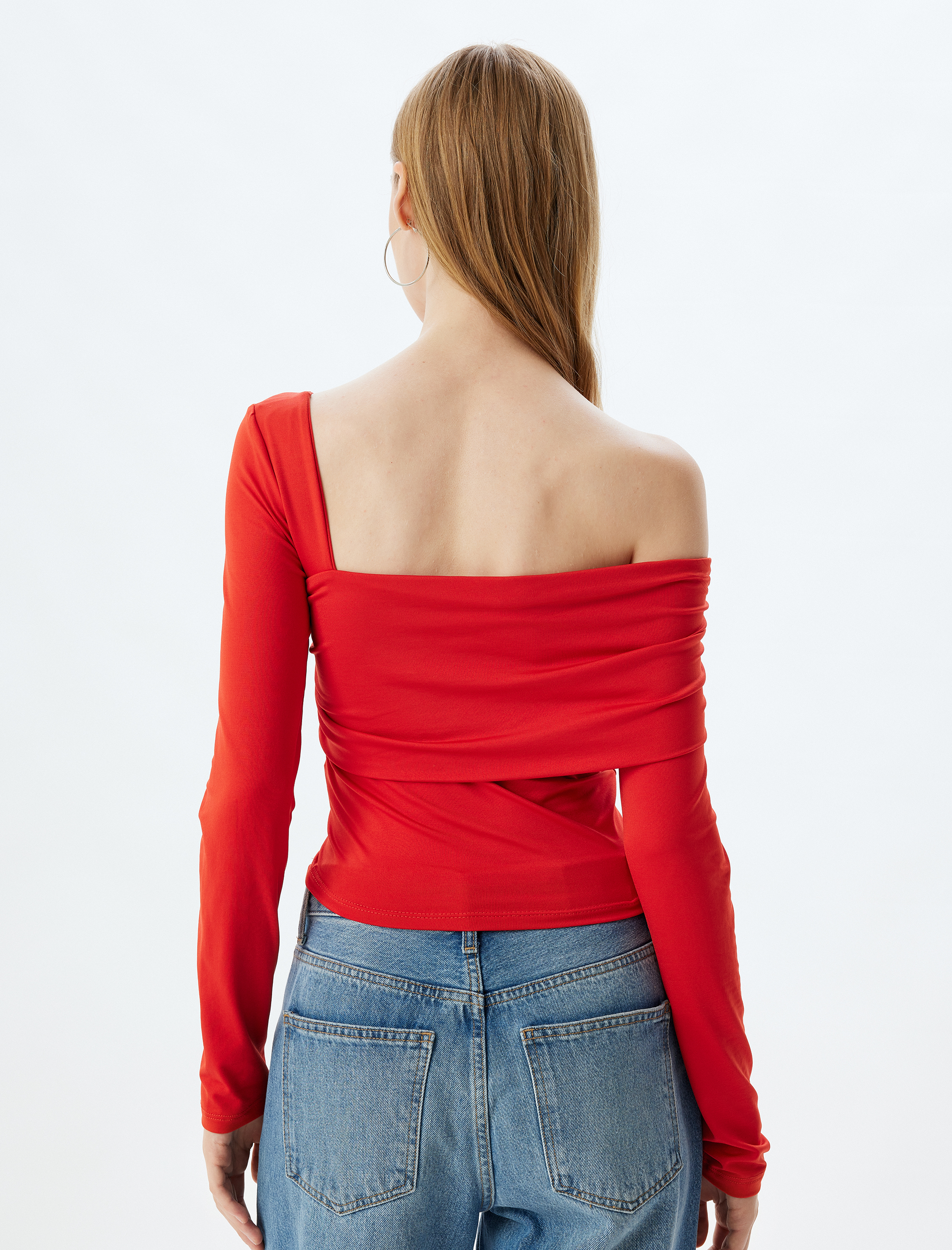   Tek Omuz Bluz Asimetrik Yaka Drapeli Uzun Kollu Slim Fit