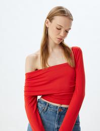 Tek Omuz Bluz Asimetrik Yaka Drapeli Uzun Kollu Slim Fit