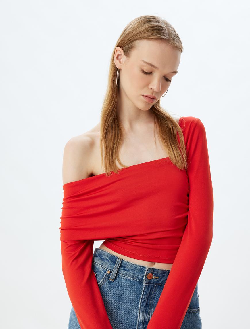   Tek Omuz Bluz Asimetrik Yaka Drapeli Uzun Kollu Slim Fit