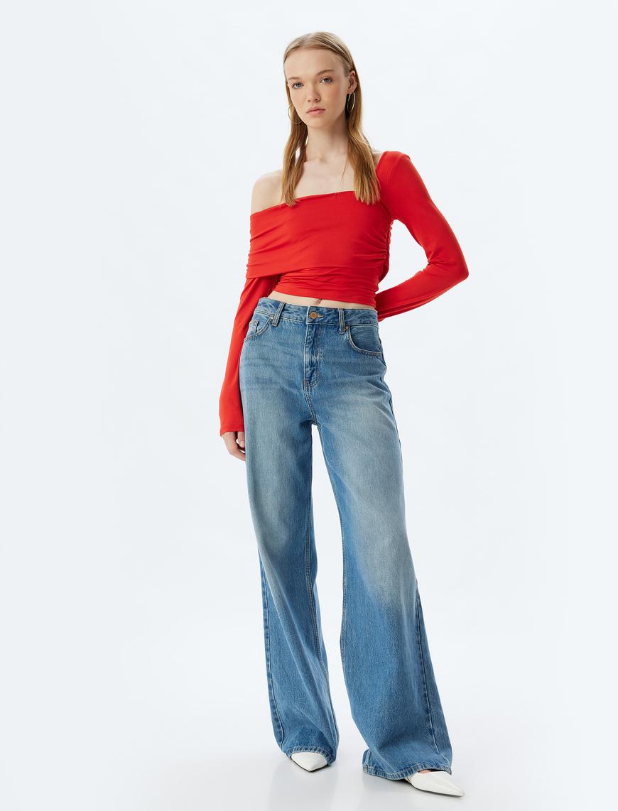   Tek Omuz Bluz Asimetrik Yaka Drapeli Uzun Kollu Slim Fit