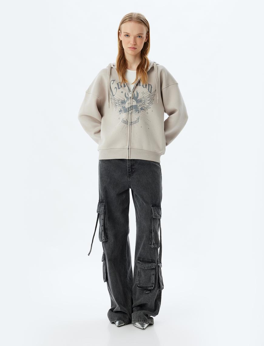   Şardonlu Oversize Fermuarlı Sweatshirt Kapüşonlu Cep Detaylı Baskılı