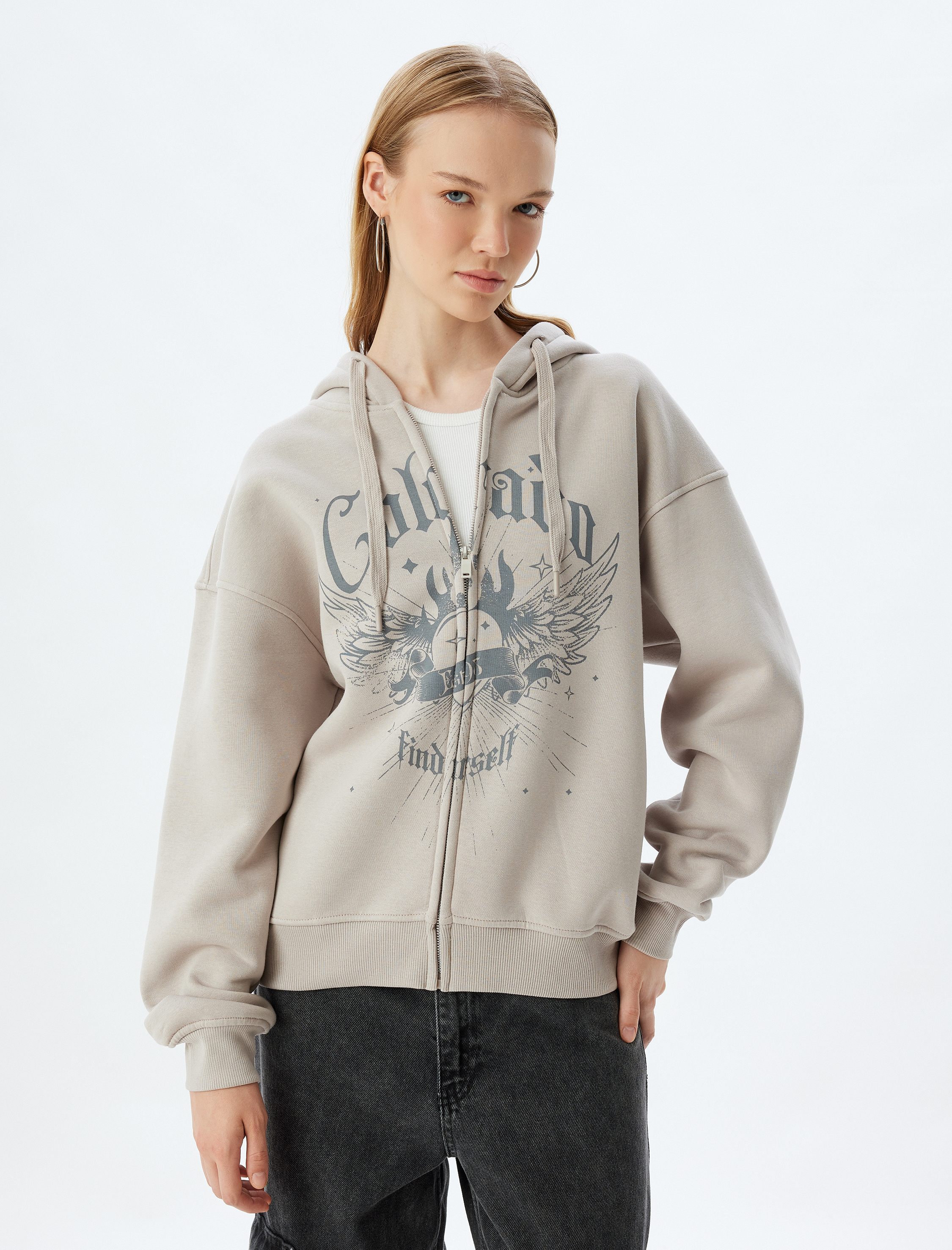   Şardonlu Oversize Fermuarlı Sweatshirt Kapüşonlu Cep Detaylı Baskılı