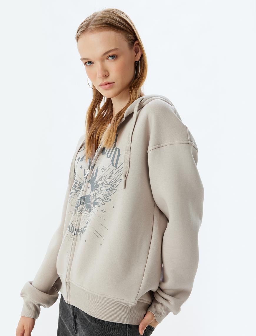   Şardonlu Oversize Fermuarlı Sweatshirt Kapüşonlu Cep Detaylı Baskılı