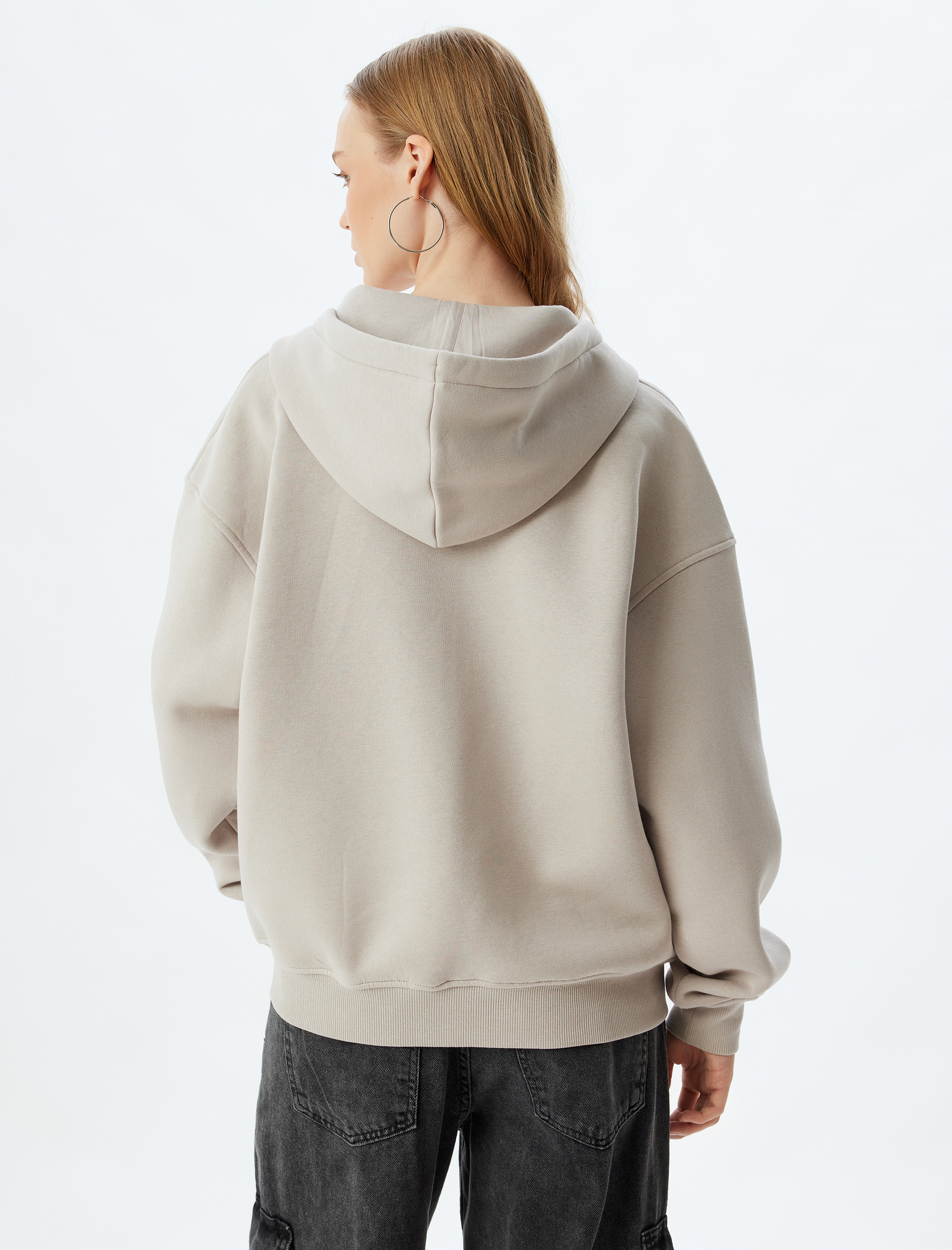   Şardonlu Oversize Fermuarlı Sweatshirt Kapüşonlu Cep Detaylı Baskılı