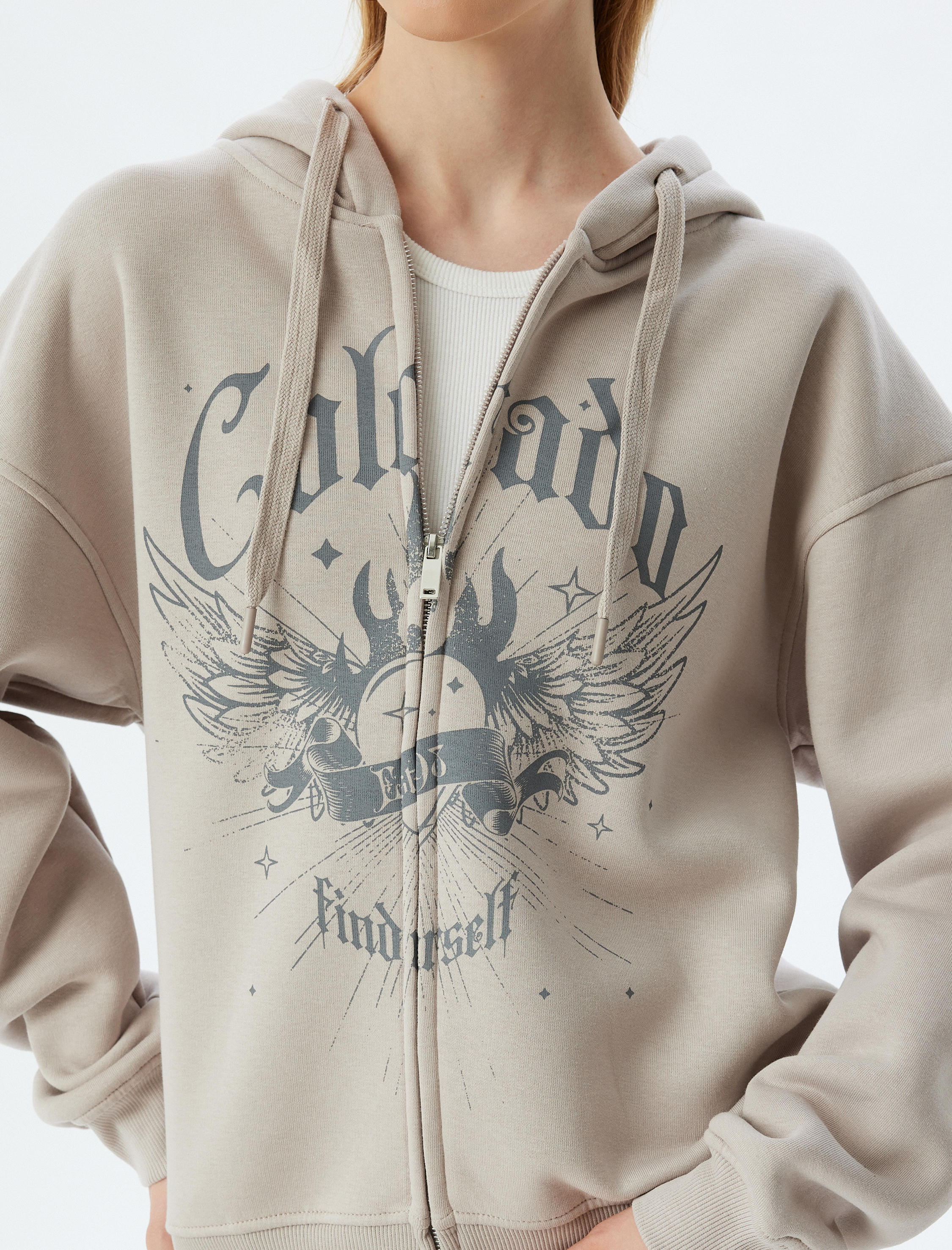   Şardonlu Oversize Fermuarlı Sweatshirt Kapüşonlu Cep Detaylı Baskılı