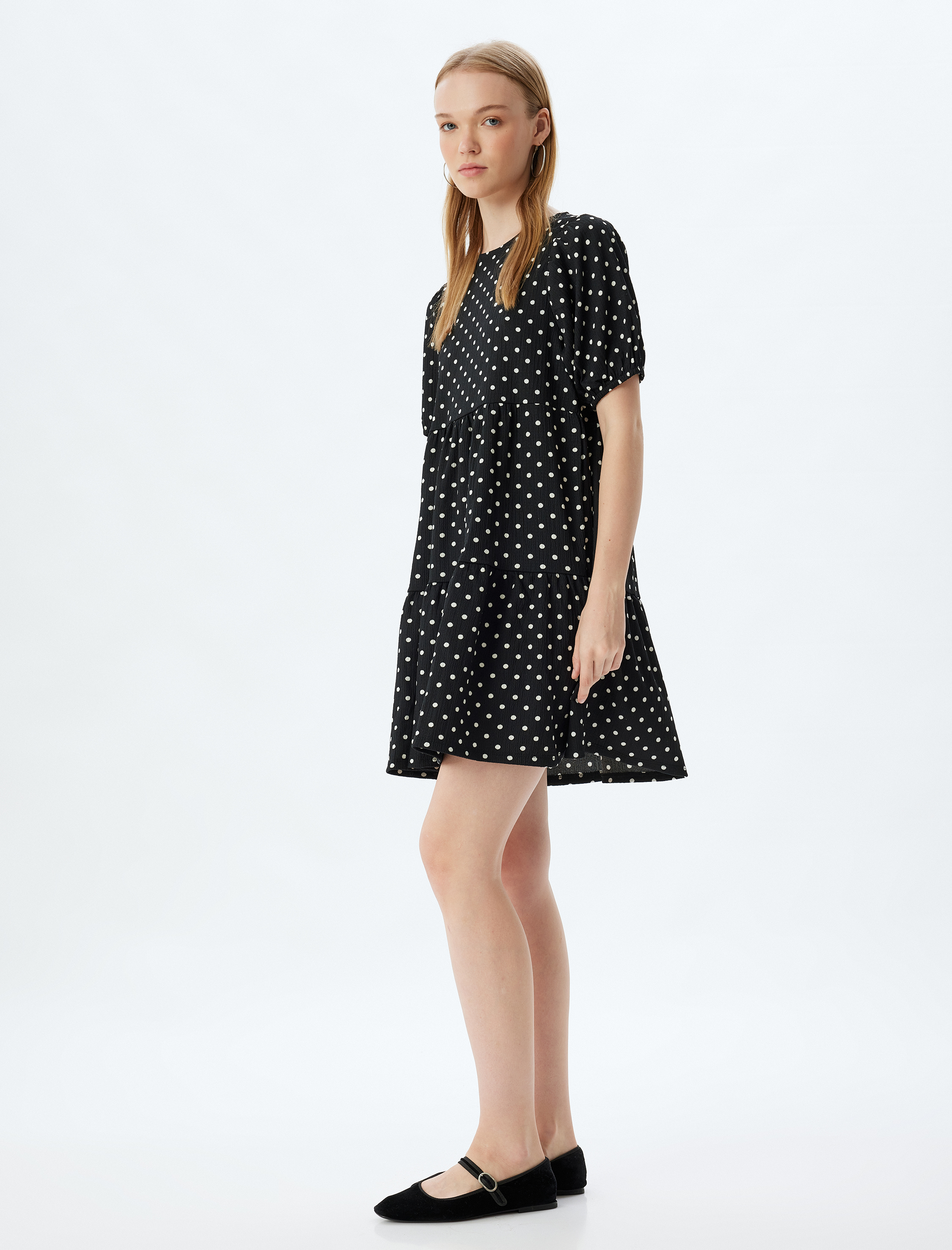   Balon Kol Mini Katlı Volanlı Puantiyeli Elbise Bürümcük