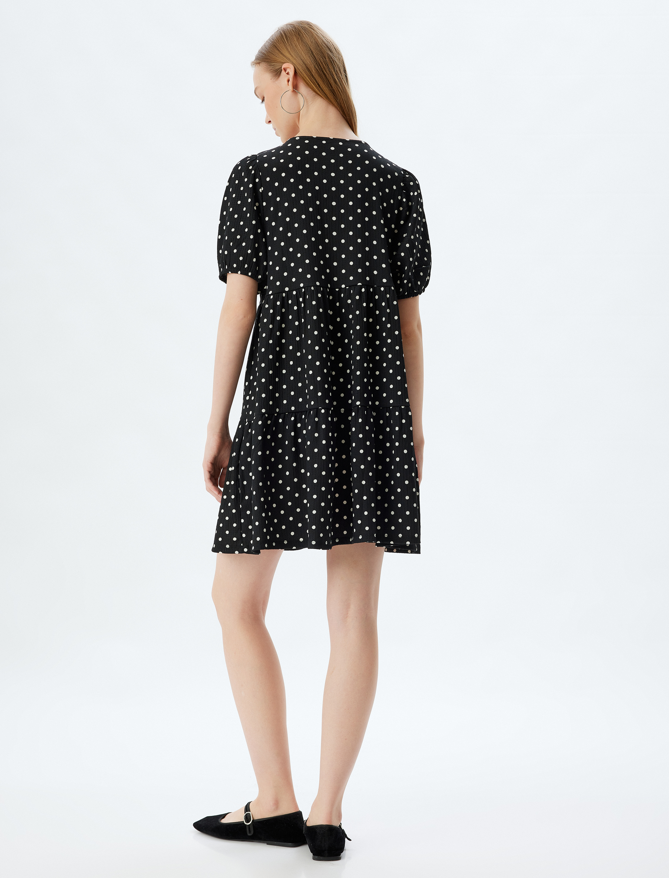   Balon Kol Mini Katlı Volanlı Puantiyeli Elbise Bürümcük