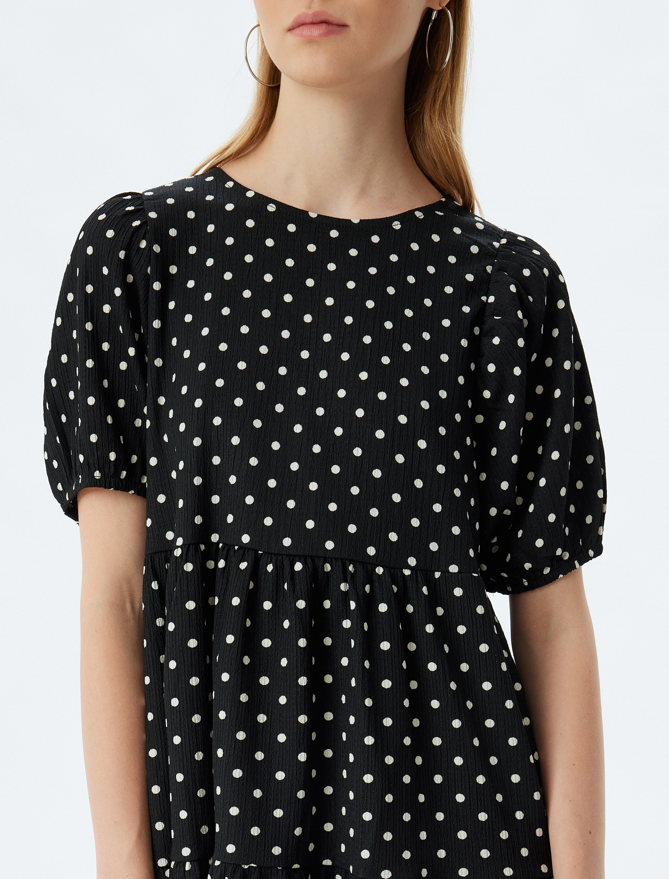   Balon Kol Mini Katlı Volanlı Puantiyeli Elbise Bürümcük