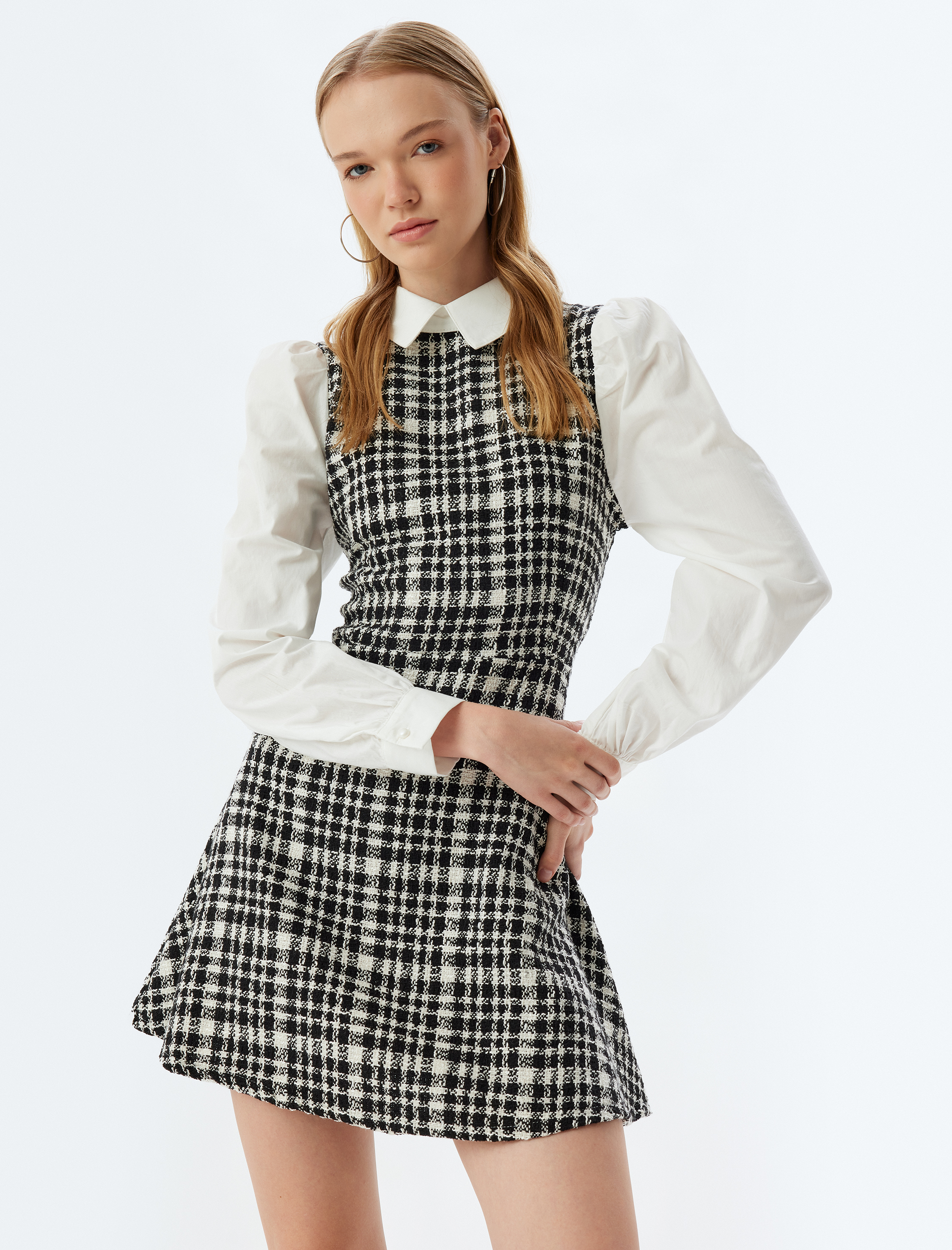   Tüvit Elbise Gömlek Yaka Mini Uzun Kollu A Kesim