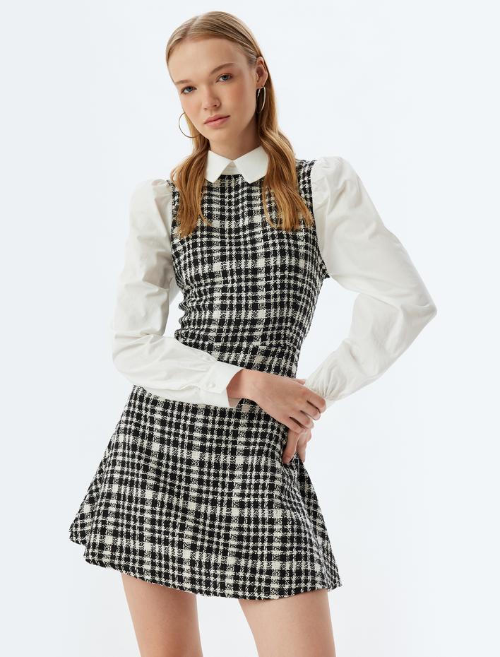  Tüvit Elbise Gömlek Yaka Mini Uzun Kollu A Kesim