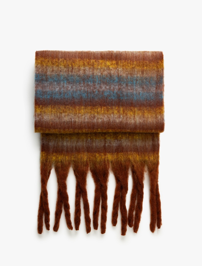 Kadın Uzun Atkı Püskül Detaylı Renk Bloklu Yumuşak Dokulu