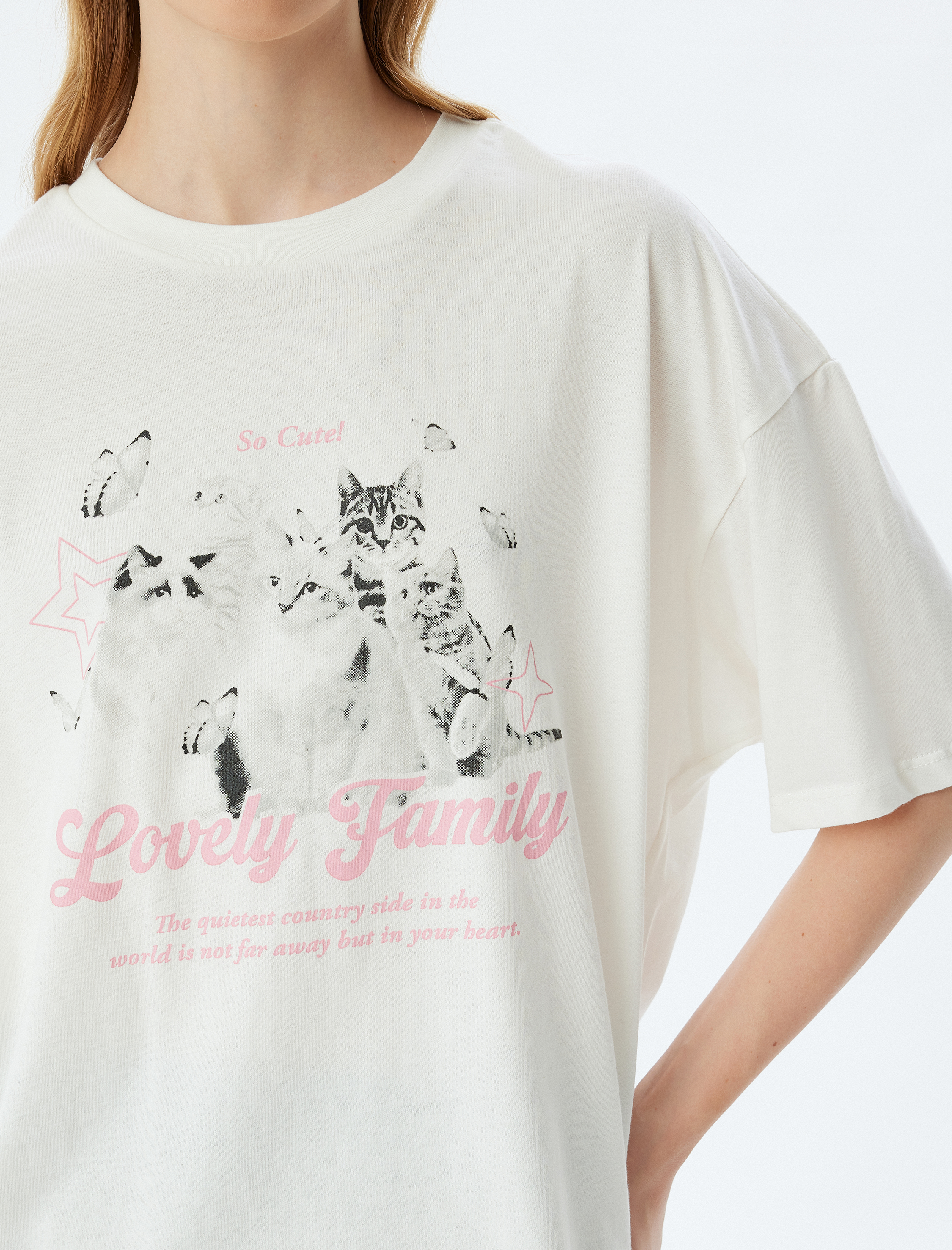   Oversize Tişört Kedi Baskılı Bisiklet Yaka Kısa Kollu