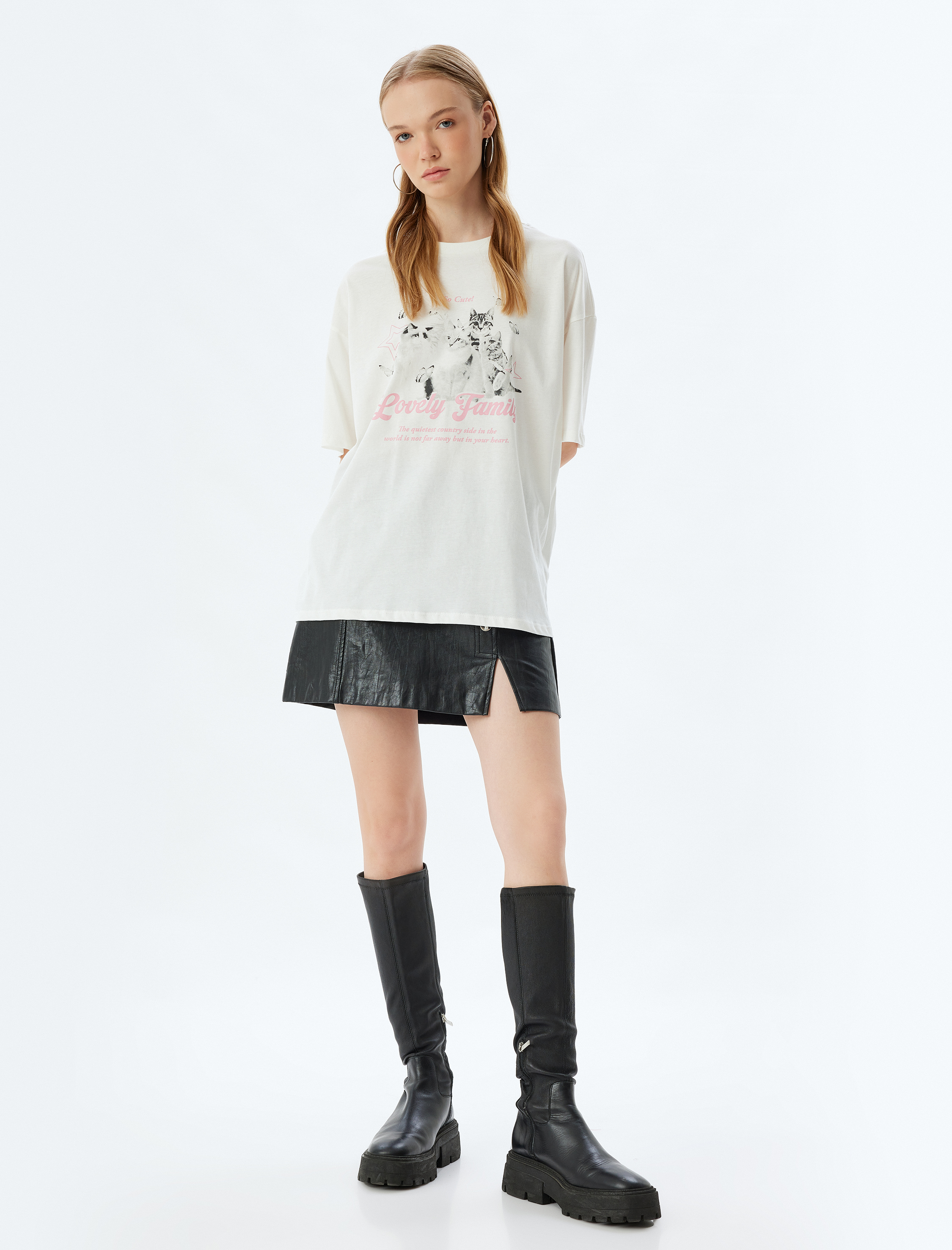   Oversize Tişört Kedi Baskılı Bisiklet Yaka Kısa Kollu