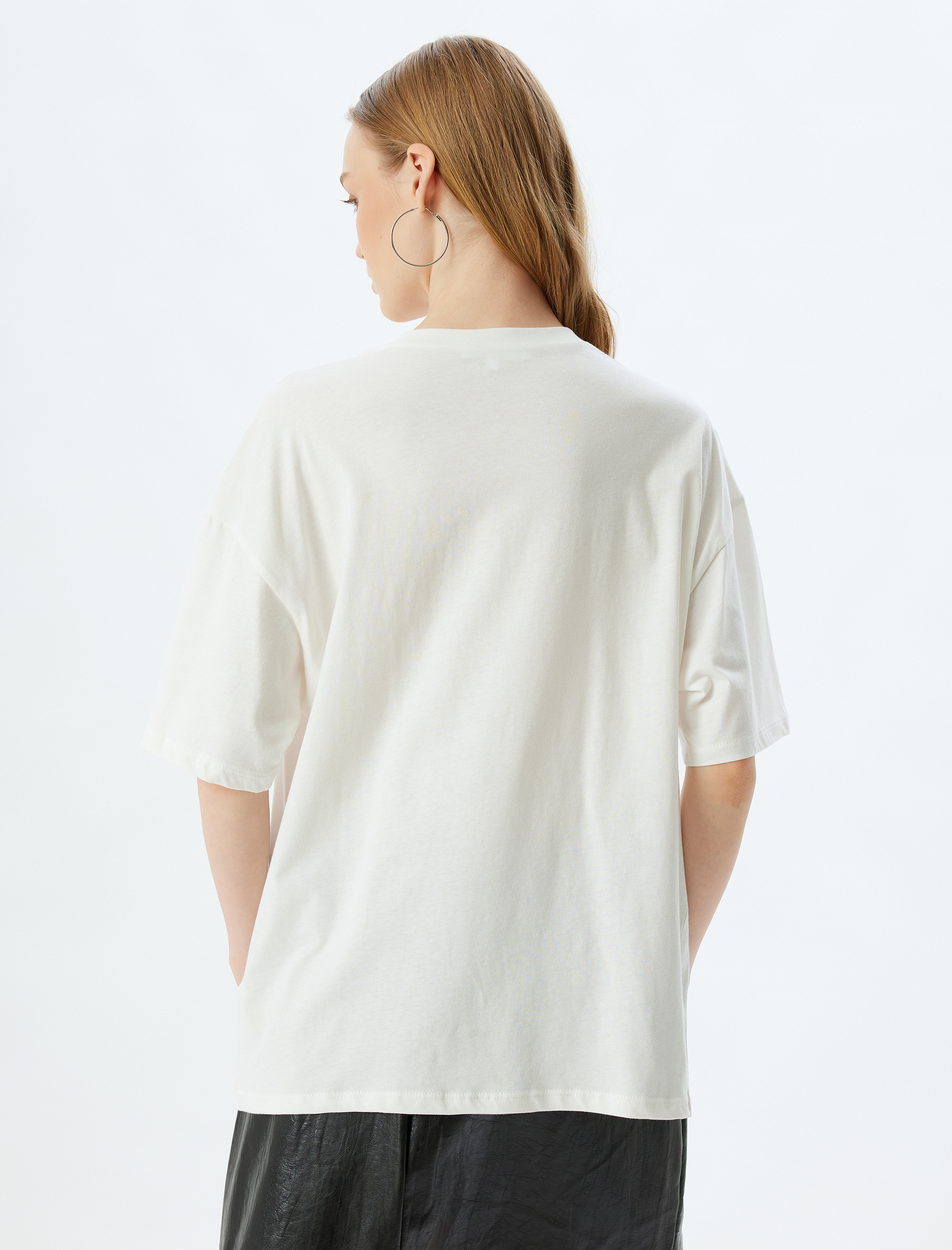   Oversize Tişört Kedi Baskılı Bisiklet Yaka Kısa Kollu