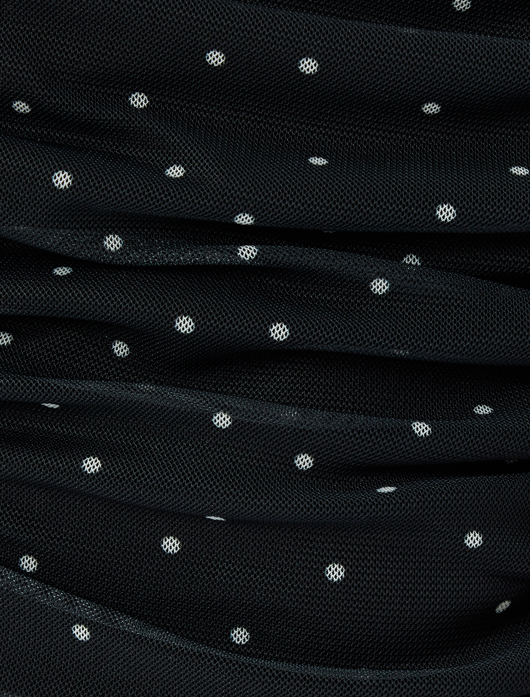   Puantiyeli Tül Tişört Fiyonklu Uzun Kollu Kare Yaka Drapeli