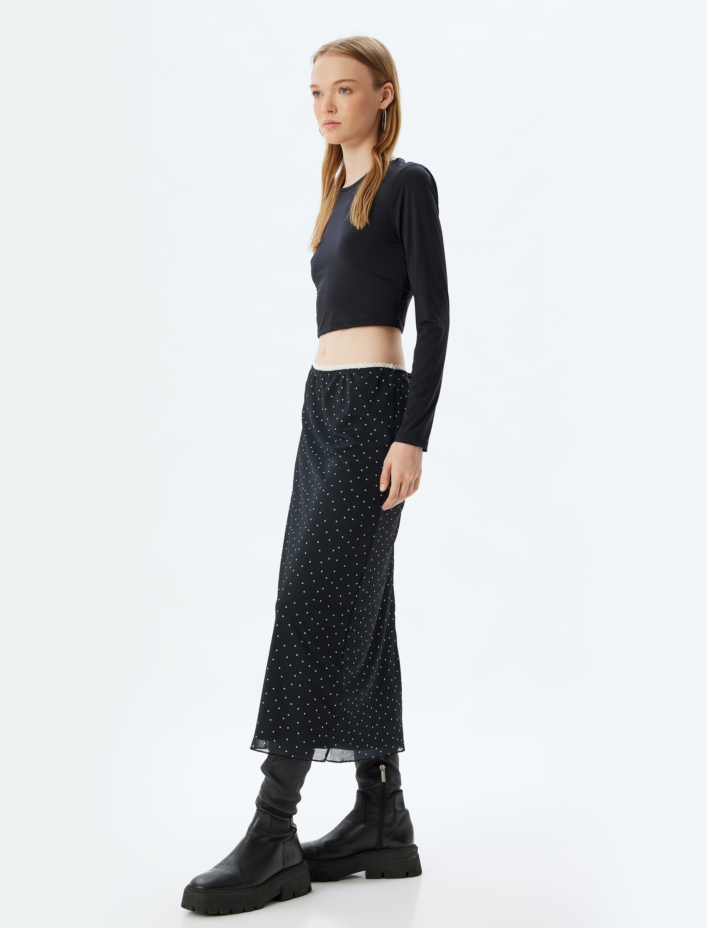   Tül Midi Etek Puantiyeli Beli Lastikli