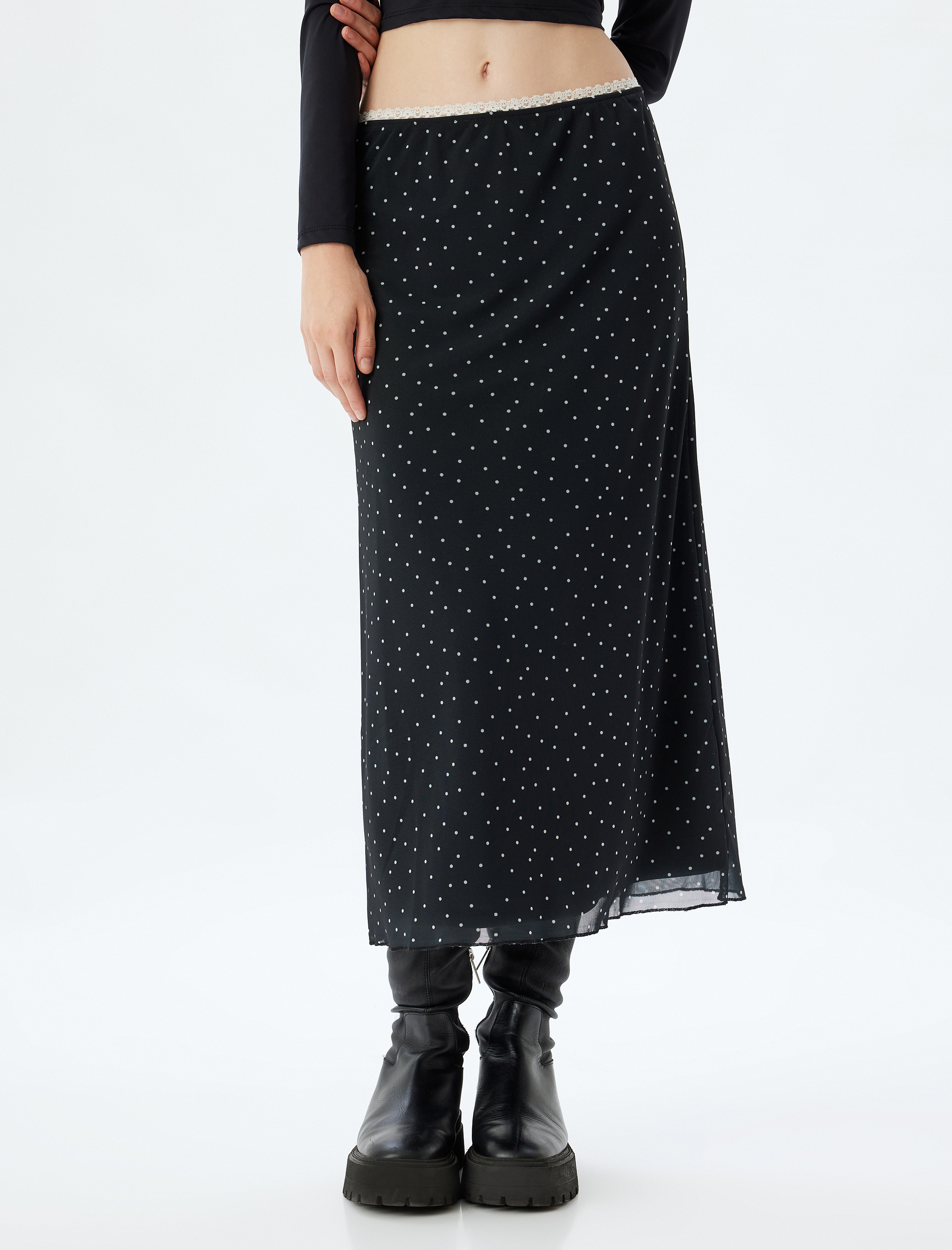   Tül Midi Etek Puantiyeli Beli Lastikli