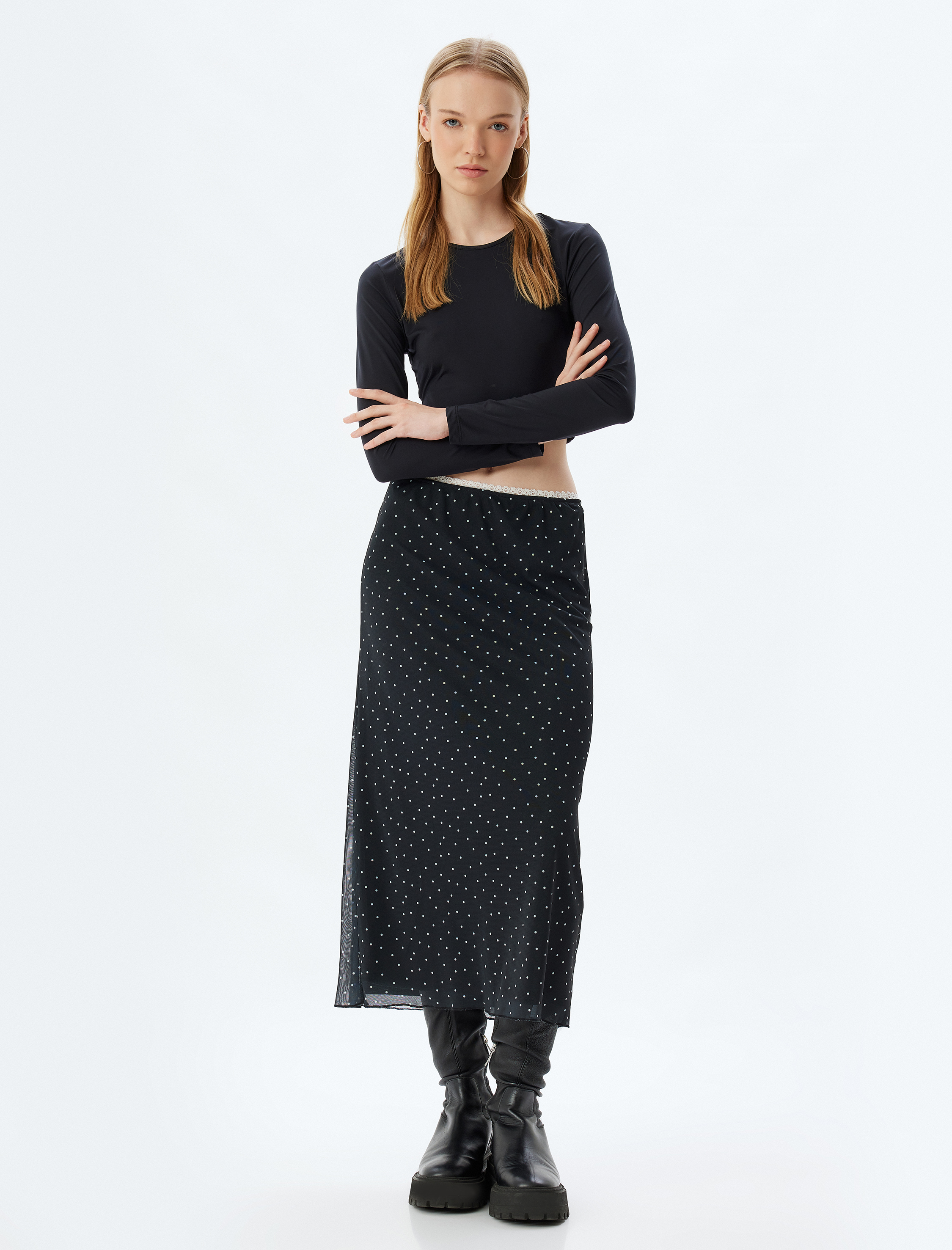   Tül Midi Etek Puantiyeli Beli Lastikli