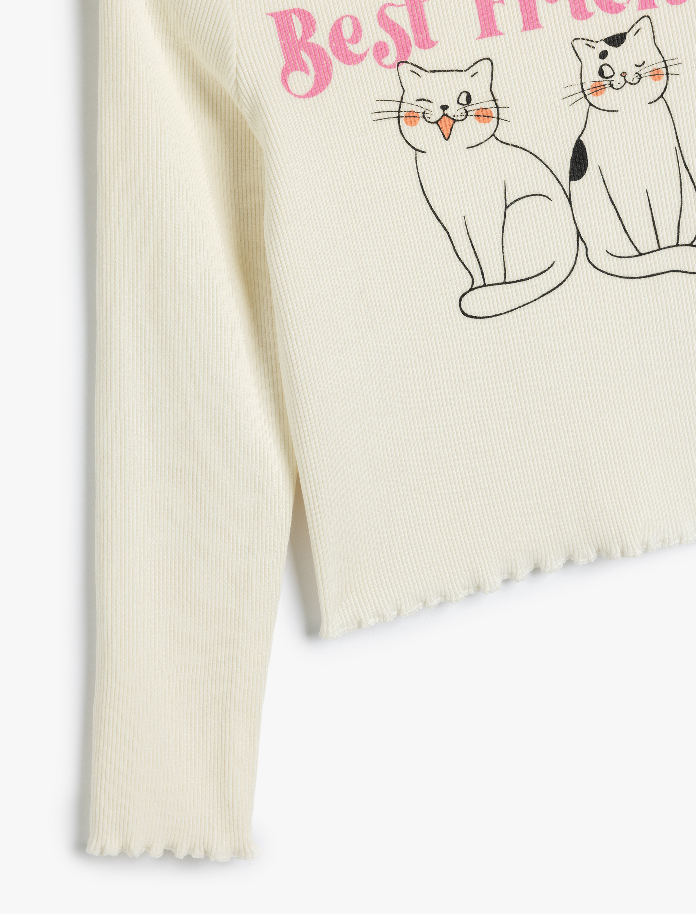  Kız Çocuk Tişört Uzun Kollu Kedi Baskılı Bisiklet Yaka Pamuklu