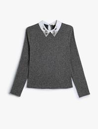 Taşlı Gömlek Yaka Bluz Uzun Kollu Slim Fit