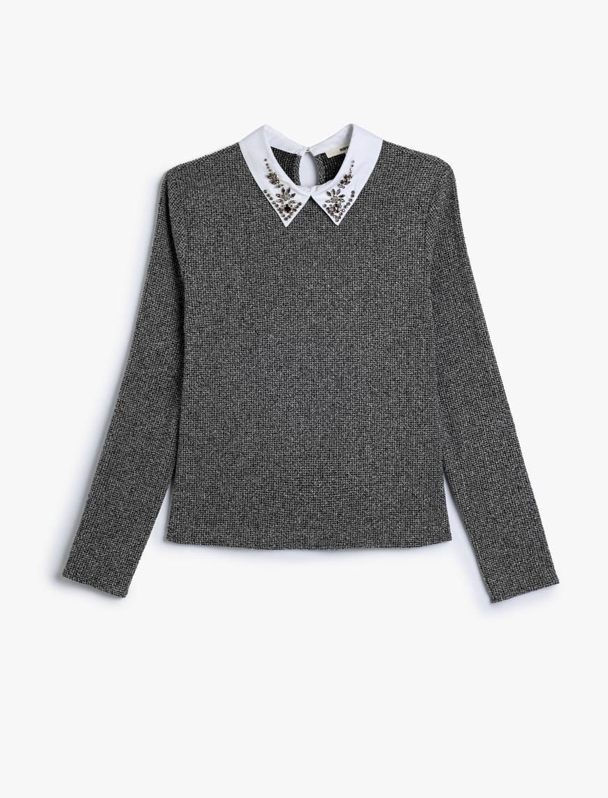   Taşlı Gömlek Yaka Bluz Uzun Kollu Slim Fit
