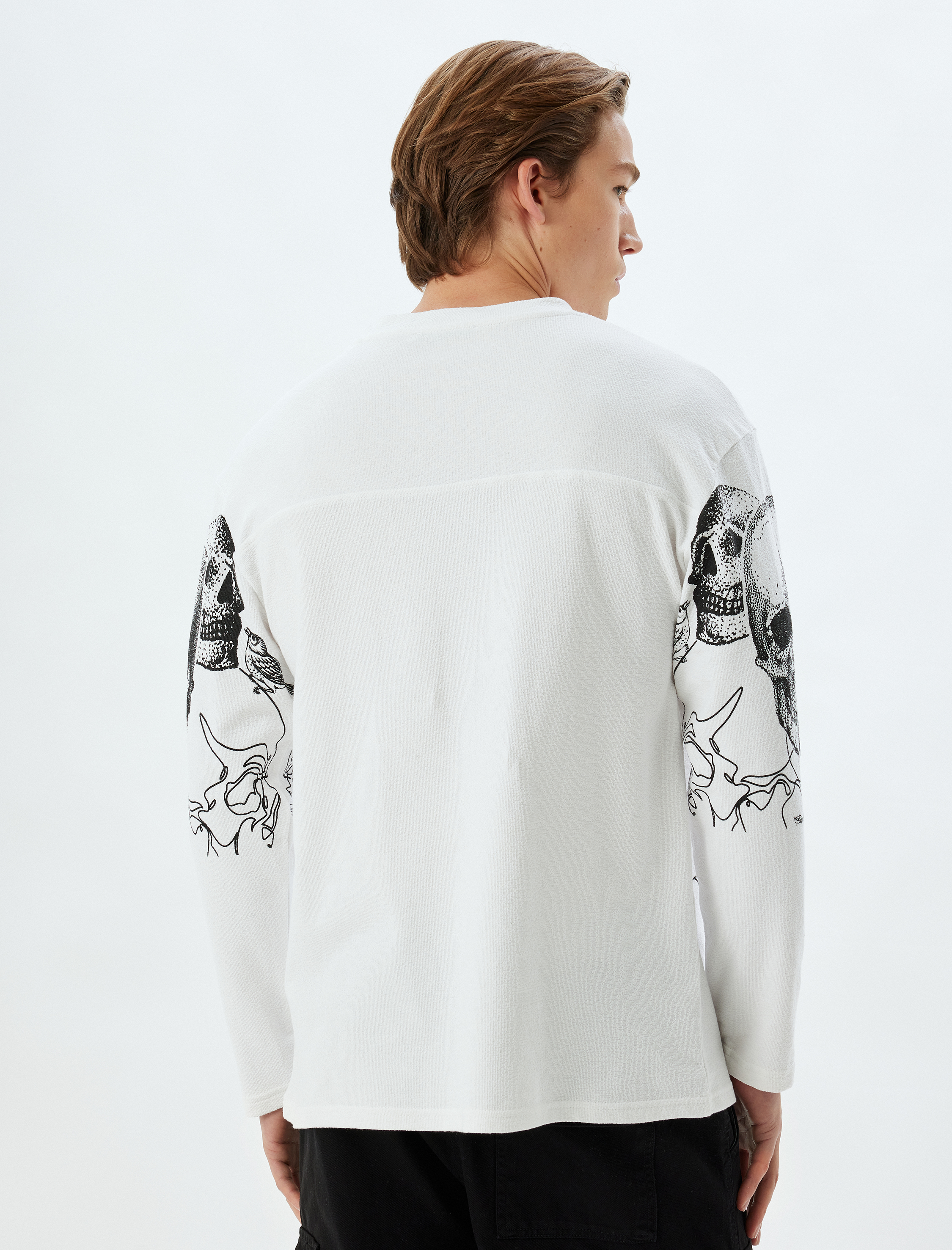   Kuru Kafa Baskılı Kazak Bisiklet Yaka Bol Kalıp Uzun Kollu Pamuklu