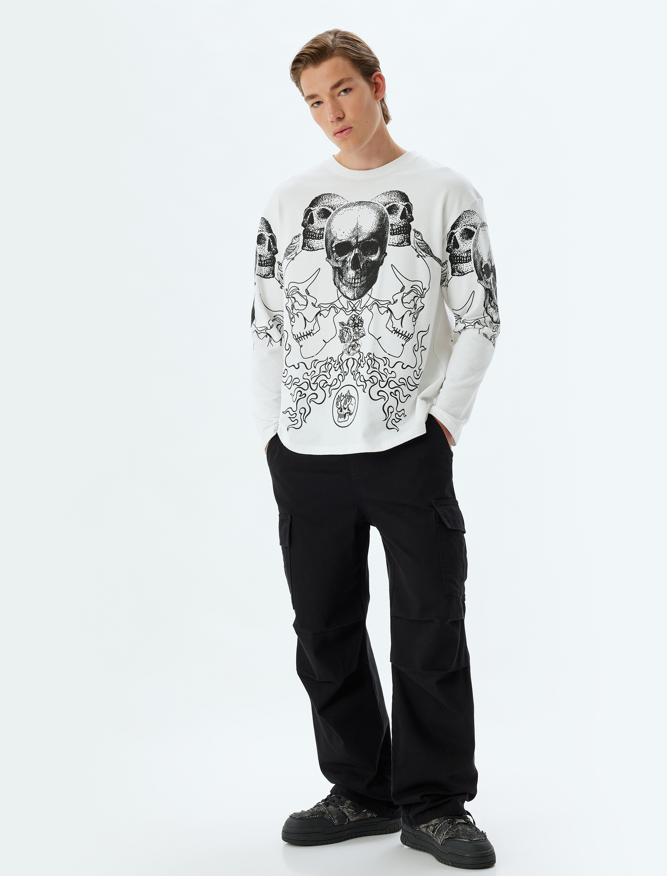   Kuru Kafa Baskılı Kazak Bisiklet Yaka Bol Kalıp Uzun Kollu Pamuklu