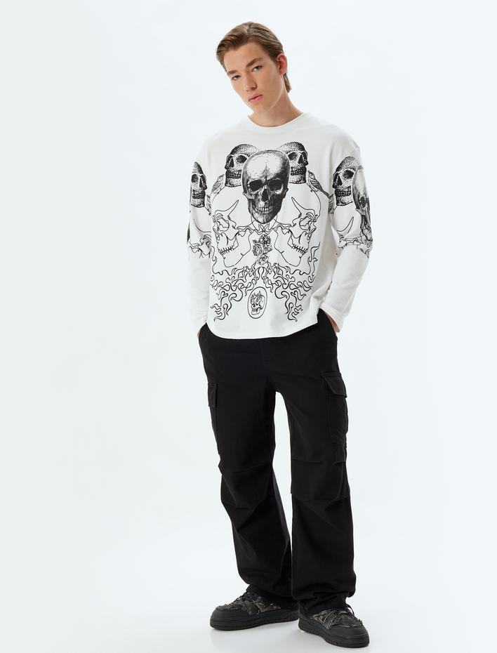  Kuru Kafa Baskılı Kazak Bisiklet Yaka Bol Kalıp Uzun Kollu Pamuklu