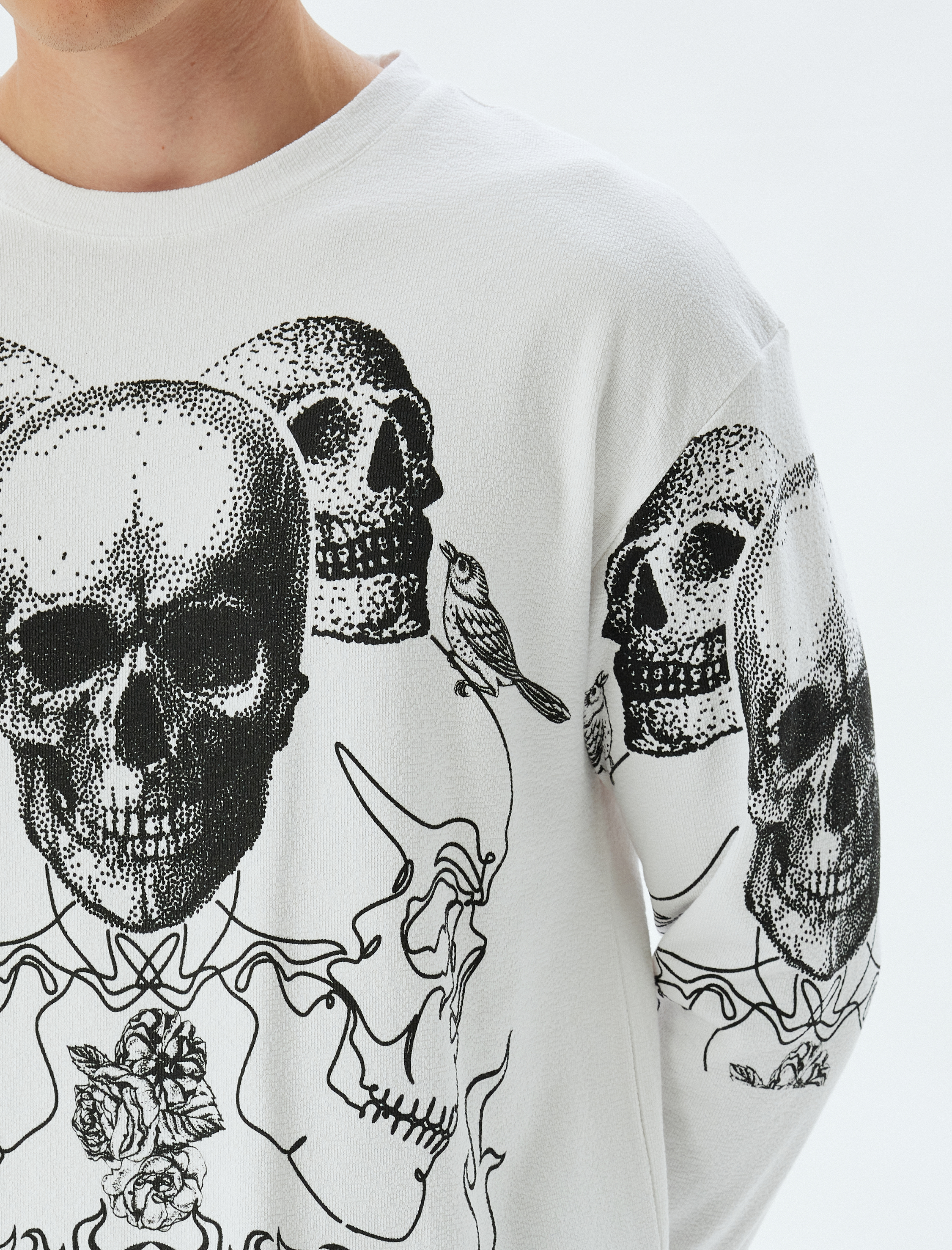   Kuru Kafa Baskılı Kazak Bisiklet Yaka Bol Kalıp Uzun Kollu Pamuklu