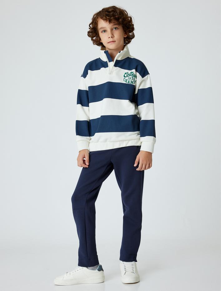 Erkek Çocuk Sweatshirt Dik Yaka Yarım Fermuarlı Kolej İşlemeli Şardonlu