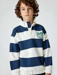 Sweatshirt Dik Yaka Yarım Fermuarlı Kolej İşlemeli Şardonlu