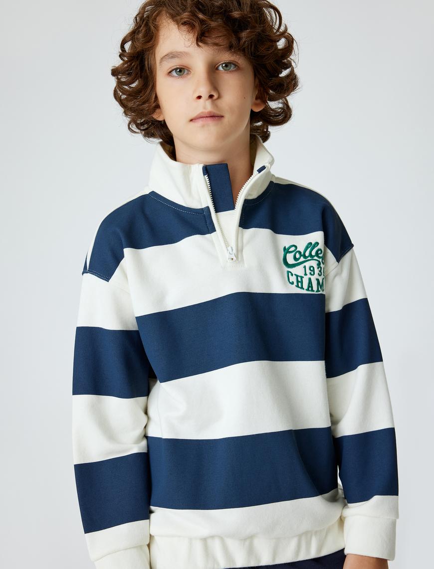  Erkek Çocuk Sweatshirt Dik Yaka Yarım Fermuarlı Kolej İşlemeli Şardonlu
