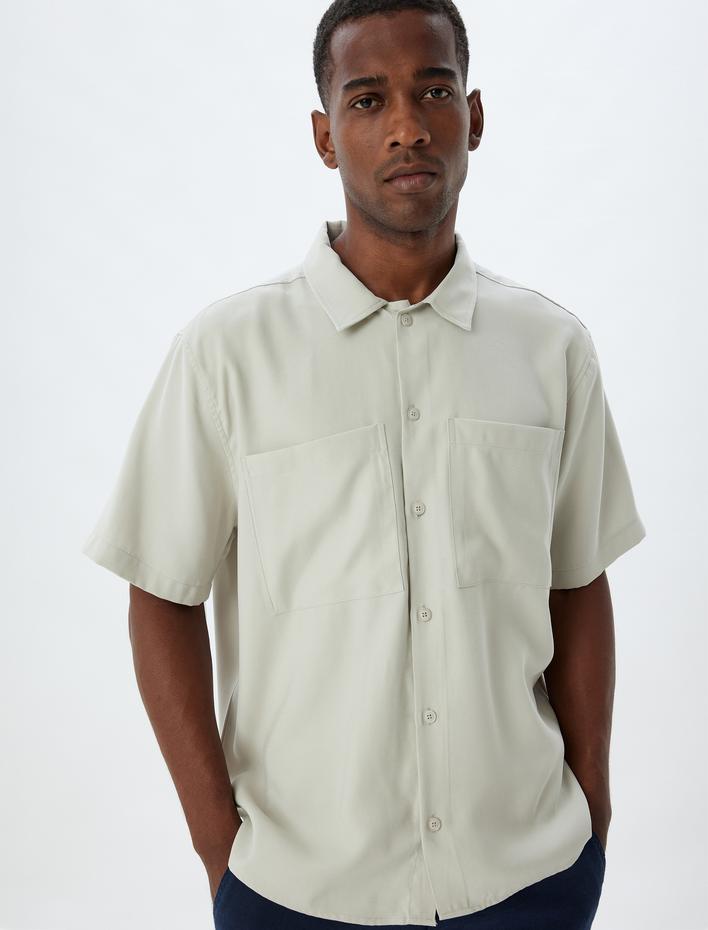  Basic Gömlek Viskon Kısa Kollu Cep Detaylı Regular Fit