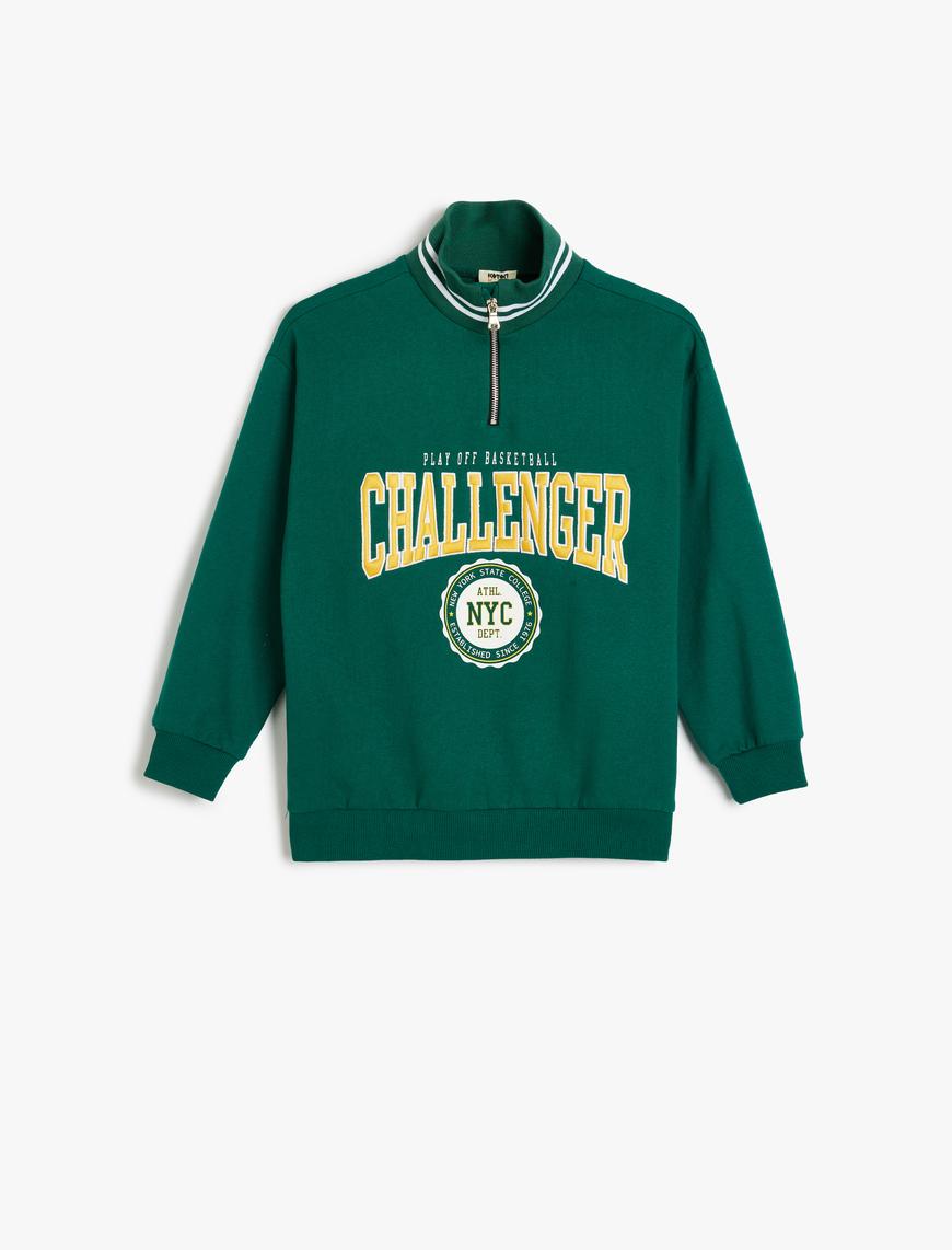  Erkek Çocuk Pamuklu Dik Yaka Yarım Fermuarlı Kolej Baskılı Şardonlu Sweatshirt