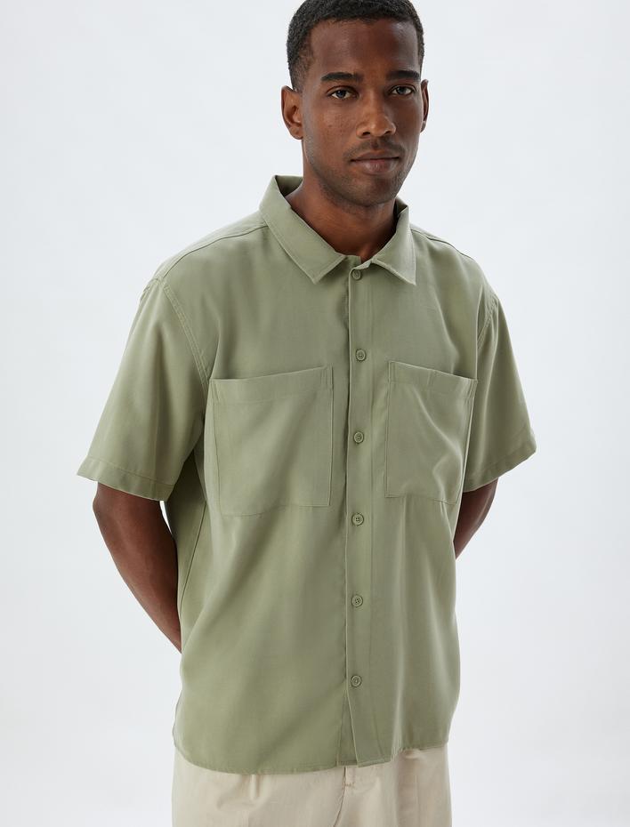  Basic Gömlek Viskon Kısa Kollu Cep Detaylı Regular Fit